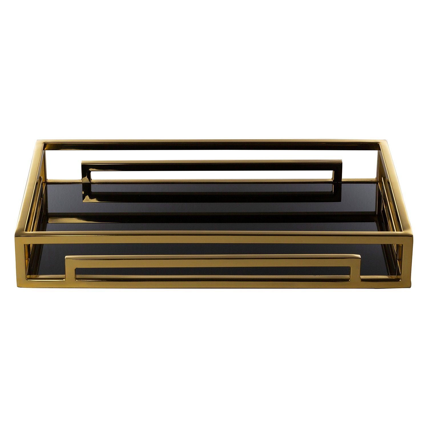 Fink Dekotablett x H.6cm galvanisiert - schwarzer - T.40cm - MERANO + goldfarben (Edelstahlkorpus - Edelstahl goldfarben Tablett Glasplatte), mit Spiegelglasplatte x B.25cm