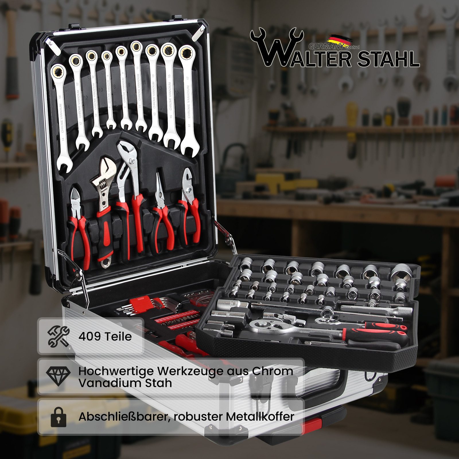 Walter Stahl Germany control Werkzeugkoffer 409 tlg Werkzeugset (Set, 409 St., Mit Aluminium-Werkzeugkasten), Chrom-Vanadium Stahl