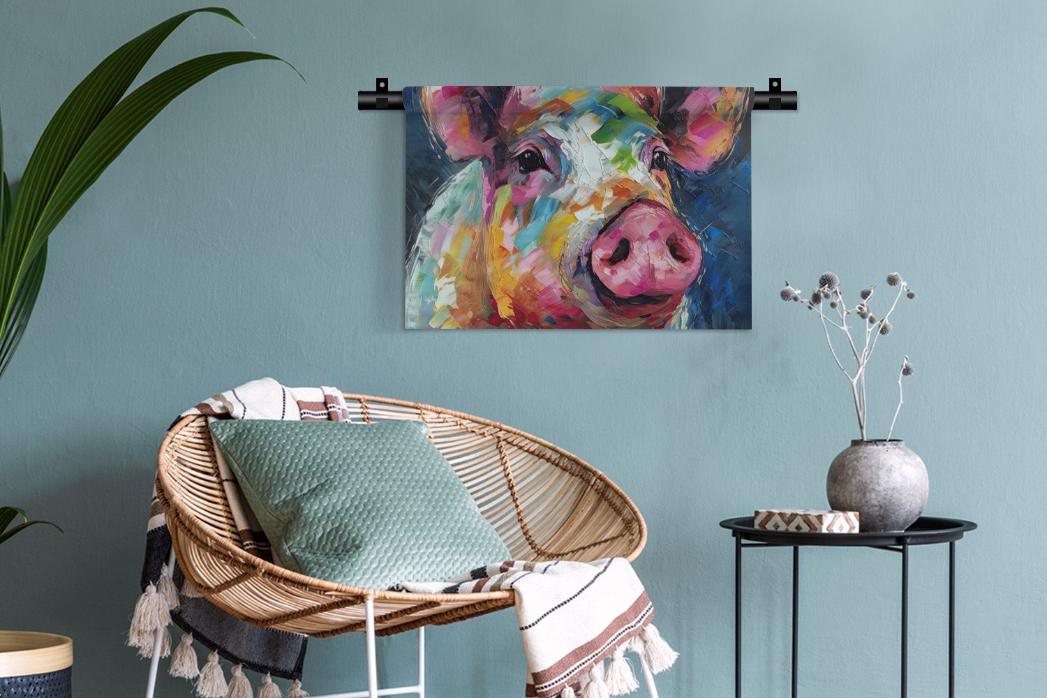 - - Wohnzimmer, Wanddekoobjekt Kinderzimmer Kleid, für MuchoWow Schlafzimmer, Kunst, Wandbehang, Wanddeko Schwein - Ölfarbe Tiere