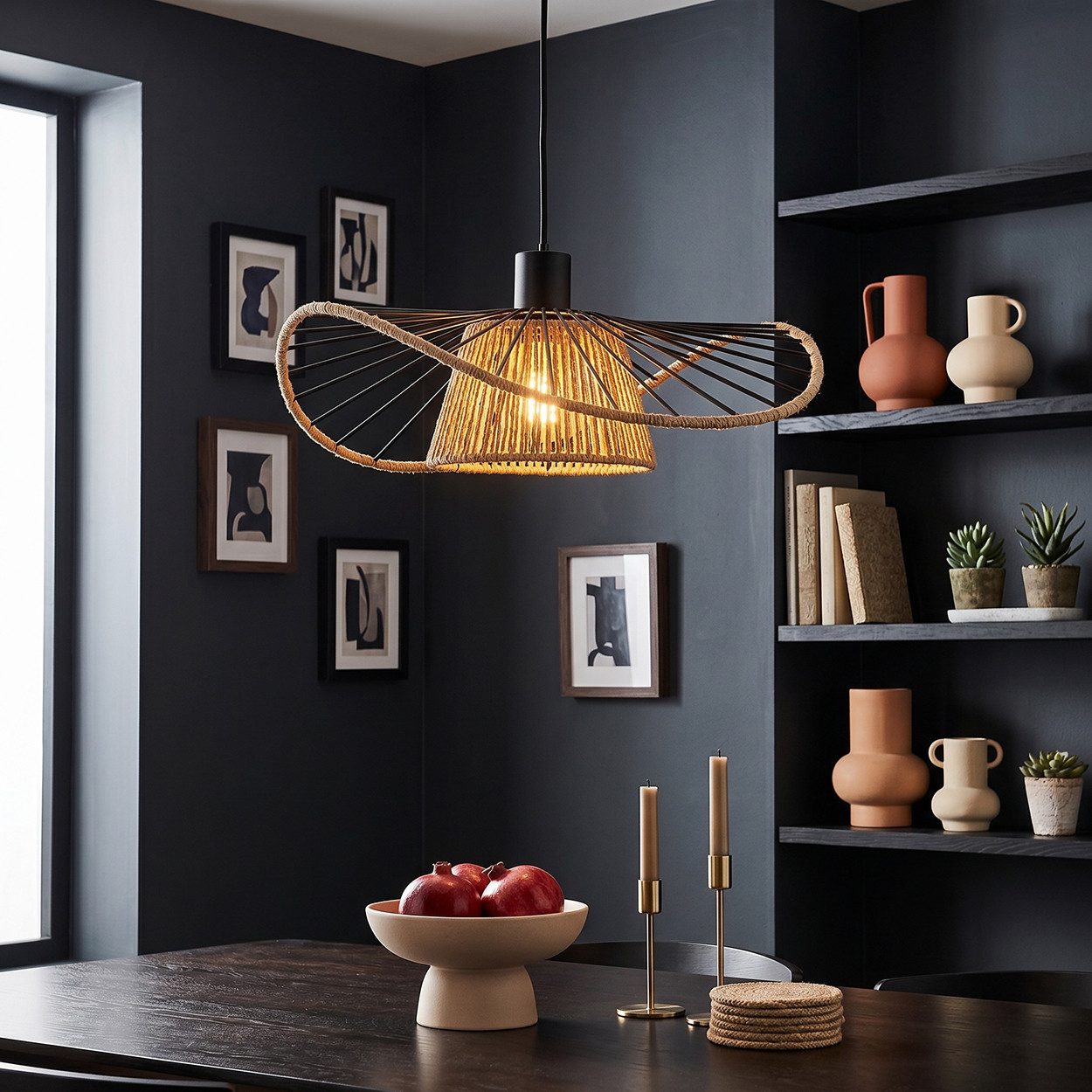 hofstein Hängeleuchte Hängelampe aus Metall/Papiergeflecht in Schwarz/Naturfarben, ohne Leuchtmittel, moderne Hängelleuchte im Boho-Design, E27, Höhe max. 110 cm