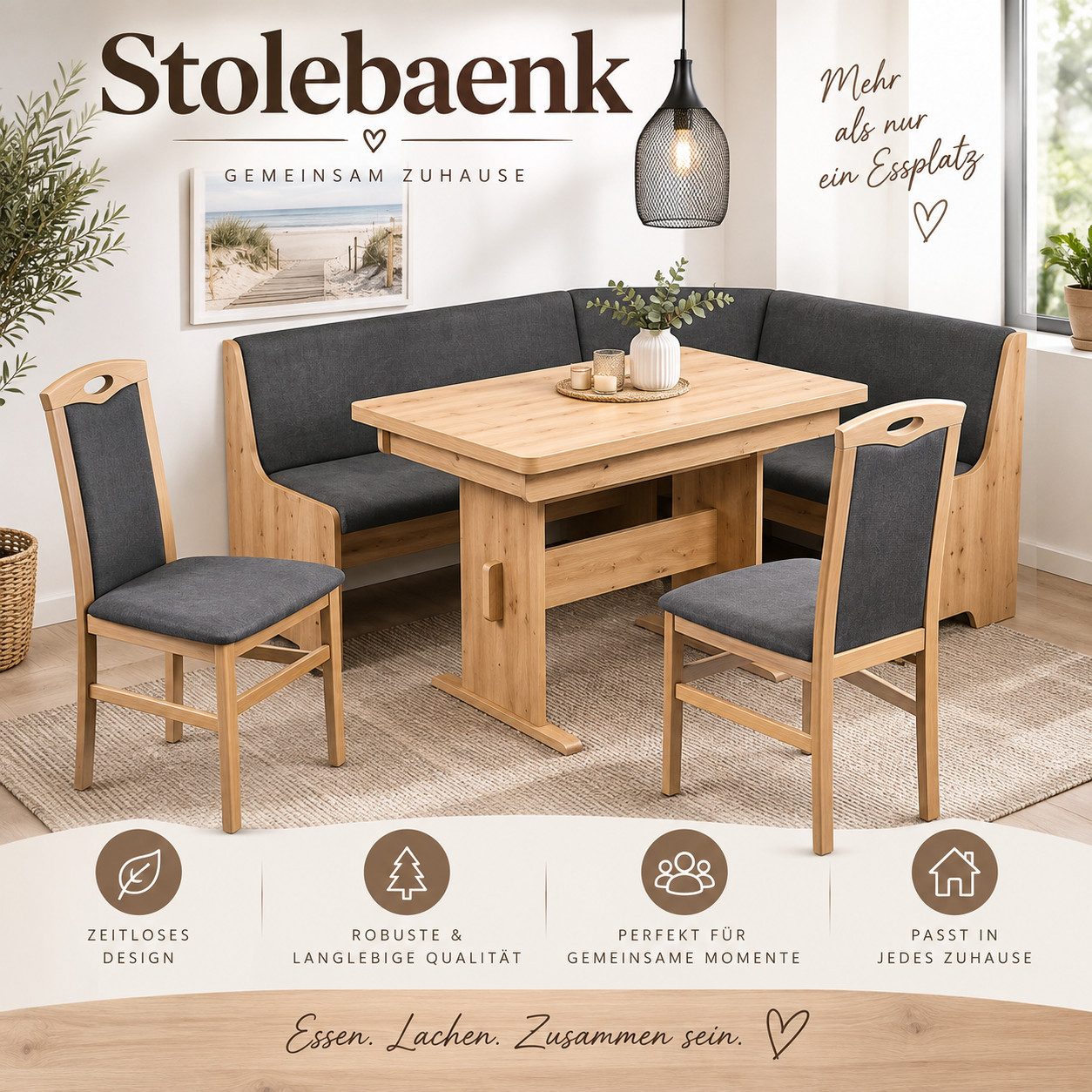 Stolebaenk Eckbankgruppe Bremen MANITI, (Eckbank Set, 1xEckbank, 1xTisch, 2x Stuhl), Beidseitig aufbaubar – Bild 2 von 5