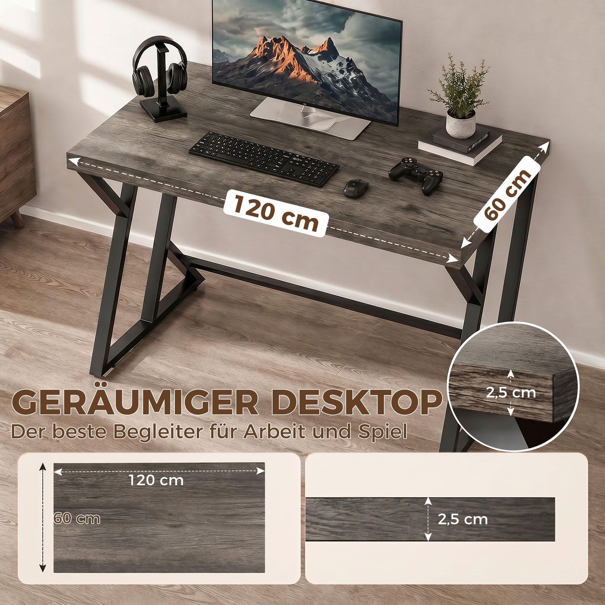 HOMCOM Schreibtisch Computertisch 120x60cm mit Z-förmigem Metallfuß, Holzoptik (Bürotisch, 1-St., PC Tisch), Industriedesign, große Arbeitsfläche, stabil – Bild 4 von 5