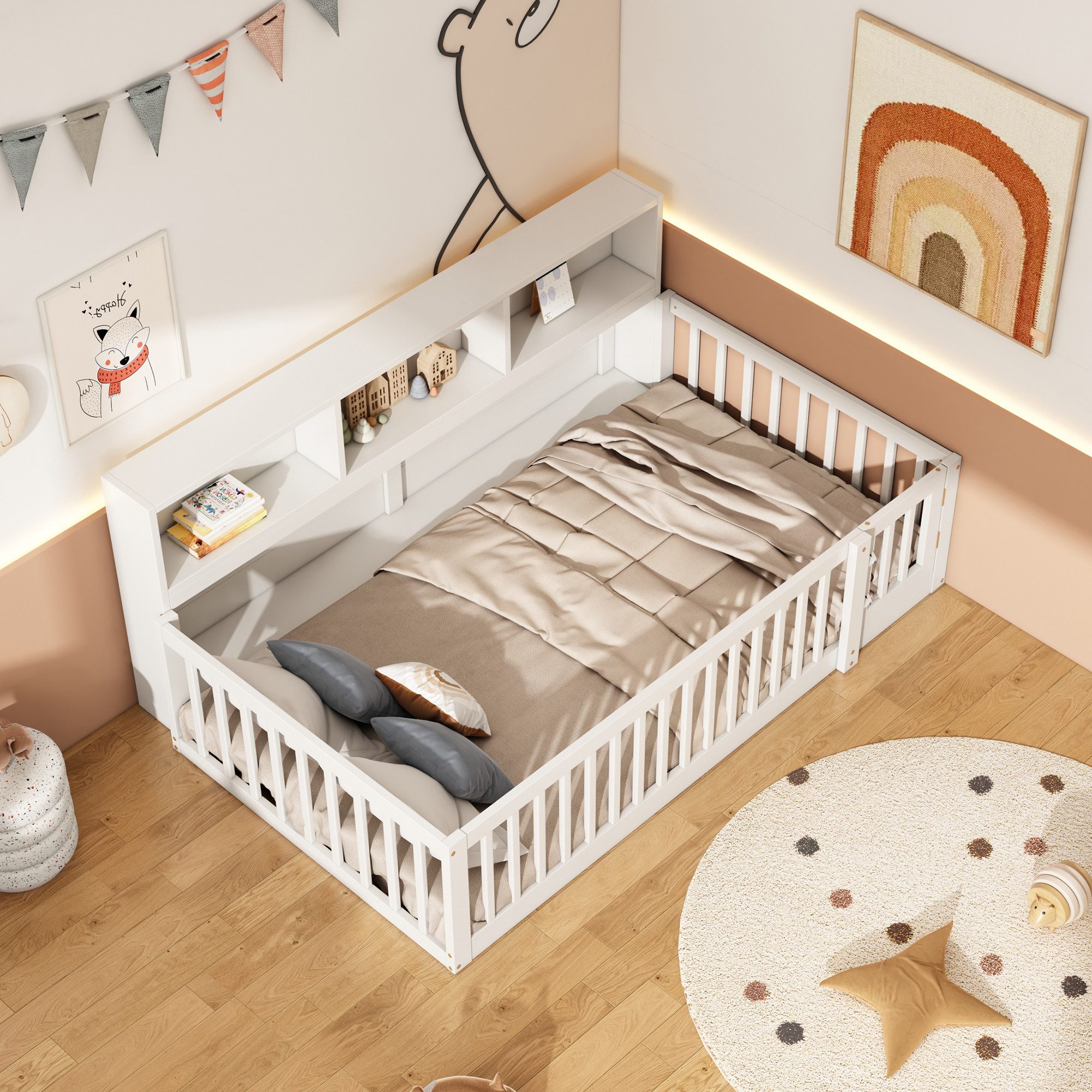 SOFTWEARY Kinderbett mit Lattenrost und Zaun günstig online kaufen