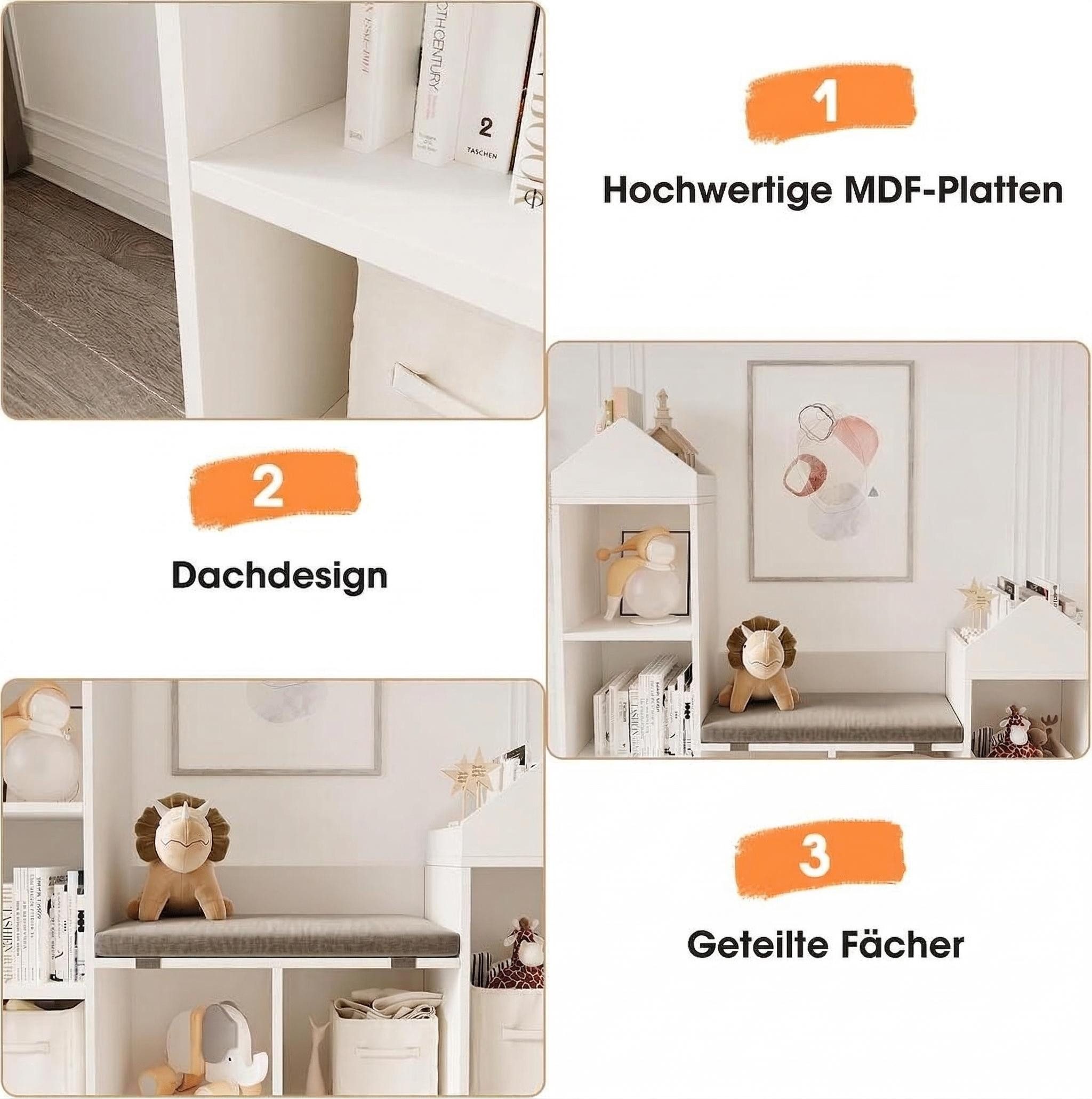 GarveeMore Kinderregal mit 6 Fächern und Sitzkissen,Burgdesign Spielzeugtruhe,121x30x107cm, Bücherregal Kinder,Standregal Spielzeug für Kinderzimmer,Schlafzimmer