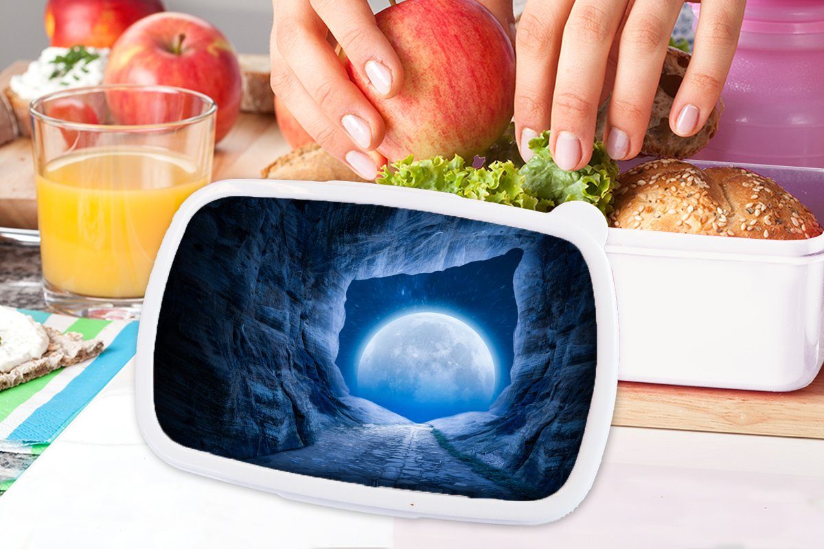 MuchoWow Lunchbox Höhle - Mond und Universum Brotbox Blau, Jungs für Kinder - Weltraum Erwachsene, und Brotdose, für - Mädchen weiß - (2-tlg), Kunststoff