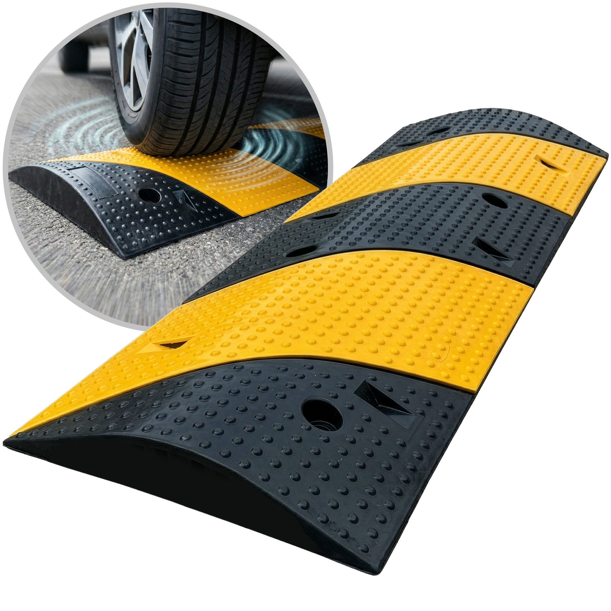 Floordirekt Parkschwelle Pico Bodenschwelle, Fahrbahnschwelle aus Gummi 100x30 cm bis 30 Tonnen, (1-St), Bremsschwelle Einfahrt Parkplatz gelb-schwarz rutschhemmend