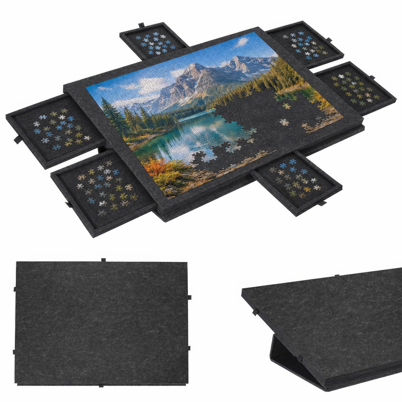 BlingBin Puzzleunterlage Filz Puzzlebrett 1000 Teile mit 6 Schubladen, klappbar, (2-in-1 Puzzlematte mit Ständer & Abdeckung, 1-tlg., 1tlg, 77 x 53,6 x 4,2 cm), Leicht & tragbar für Erwachsene & Kinder