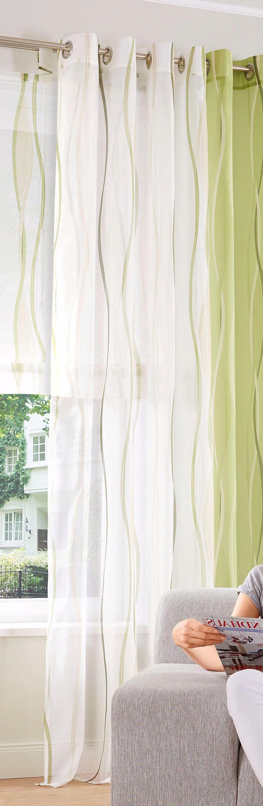 2-er Voile, Ösen creme/grün Polyester, my Voile, Wellen transparent, Dimona, Set, (2 St), Gardine transparent, home,