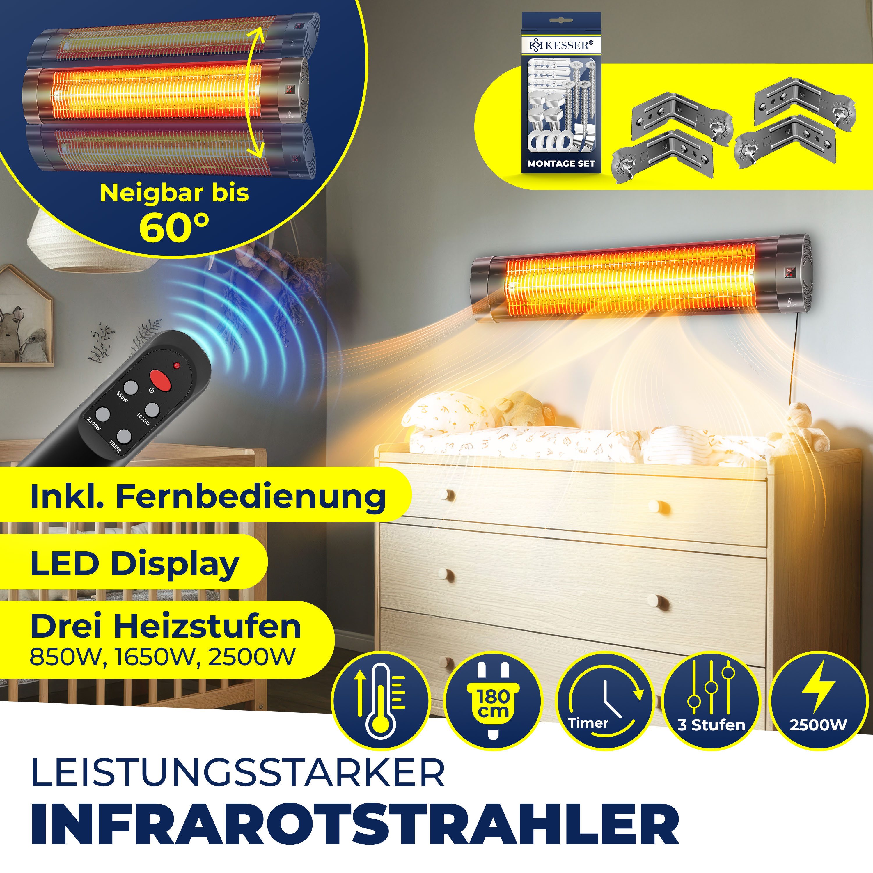 KESSER Heizstrahler mit 3 Heizstufen & Timer inkl. Wandhalterung, 2500 W, I günstig online kaufen