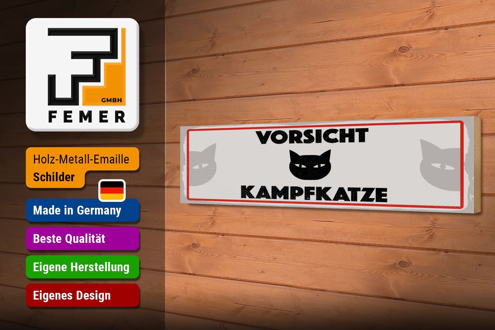 Femer GmbH Holzbild Hinweis 46x10 cm Vorsicht Kampfkatze, (1 St), Glatte Holzfaserplatte (MDF), vorn beschichtet