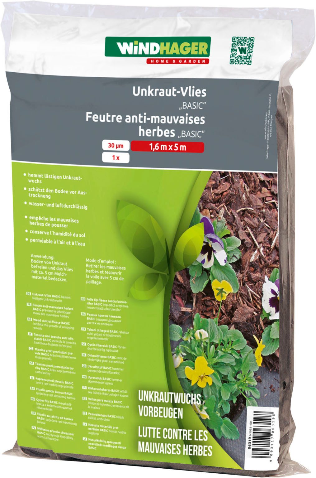 Windhager Unkrautvlies Basic, atmungsaktiver und wasserdurchlässiger Abdeckvlies, (1-St), Gartenfolie Wurzelsperre 5 x 1,6 m 30 g/m², schwarz