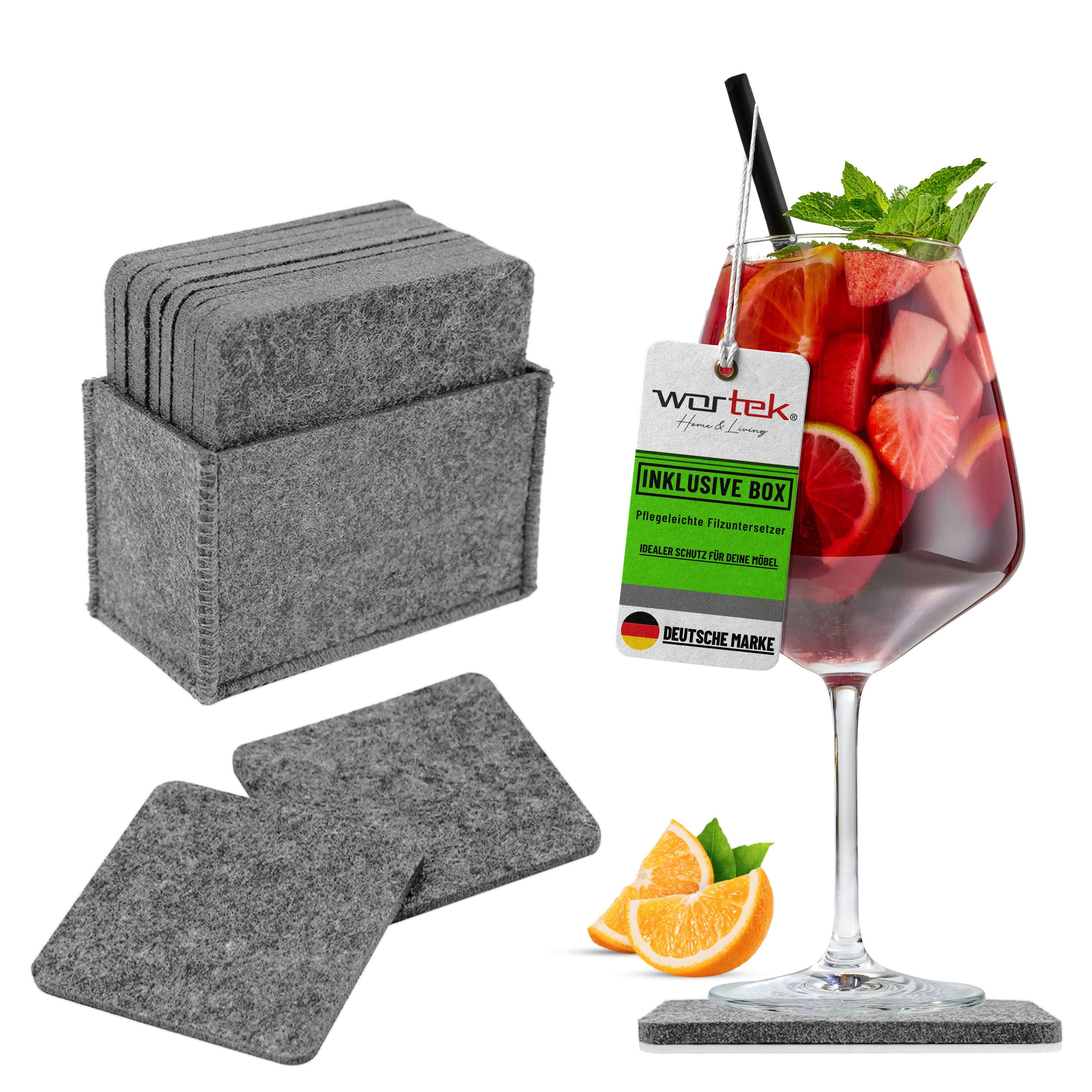 wortek Getränkeuntersetzer Filz-Untersetzer Eckig für Gläser 10er Set + Box, Zubehör für Tisch & Gläser, Set, 10-tlg., waschbare Getränke Glasuntersetzer Gläser, Tischuntersetzer Filz 10 cm