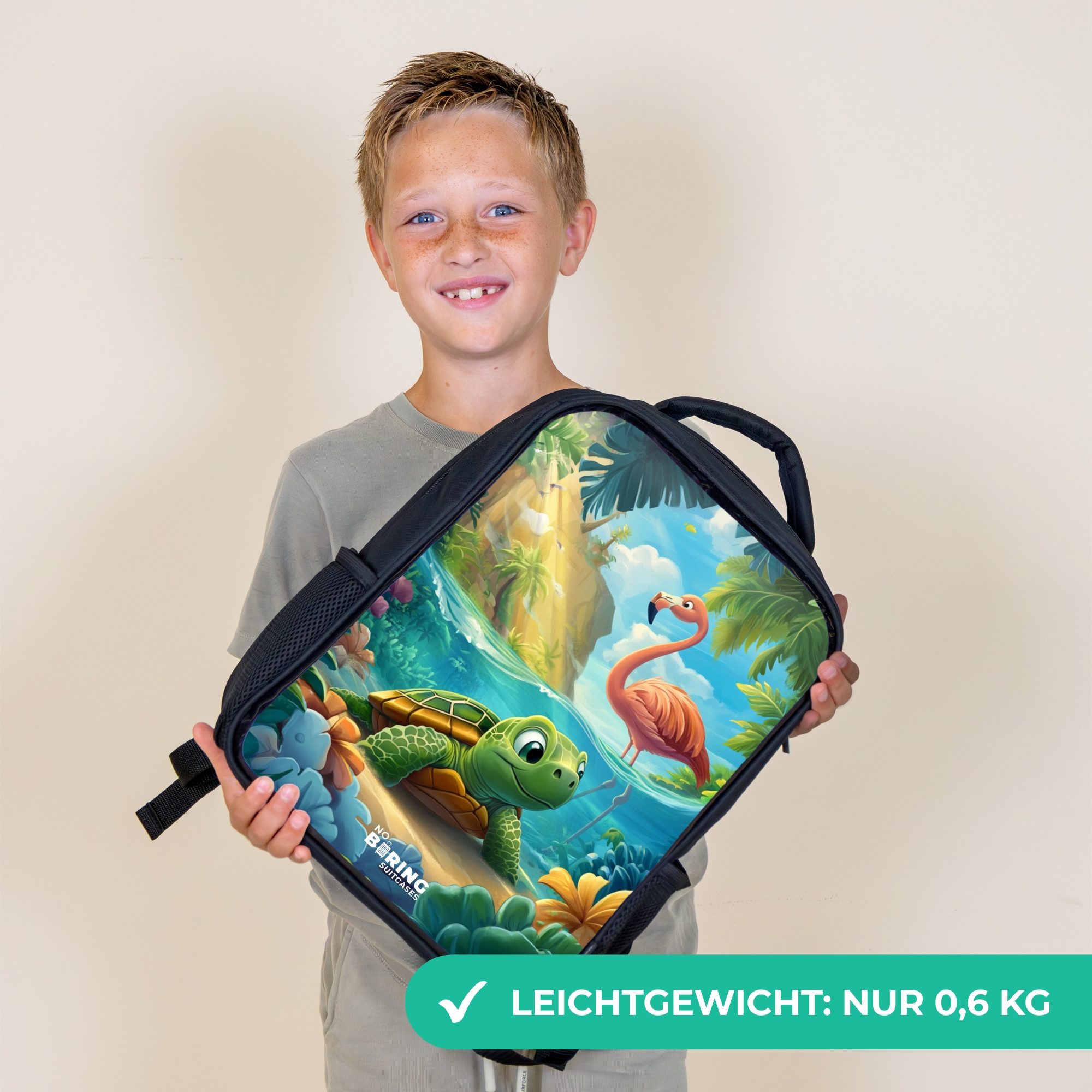 NoBoringSuitcases.com© Rucksack Schildkröte in tropischem Wasser mit Flamingo, Kinderrucksack Schwarz, Schulrucksack, Freizeitrucksack Jungen Mädchen