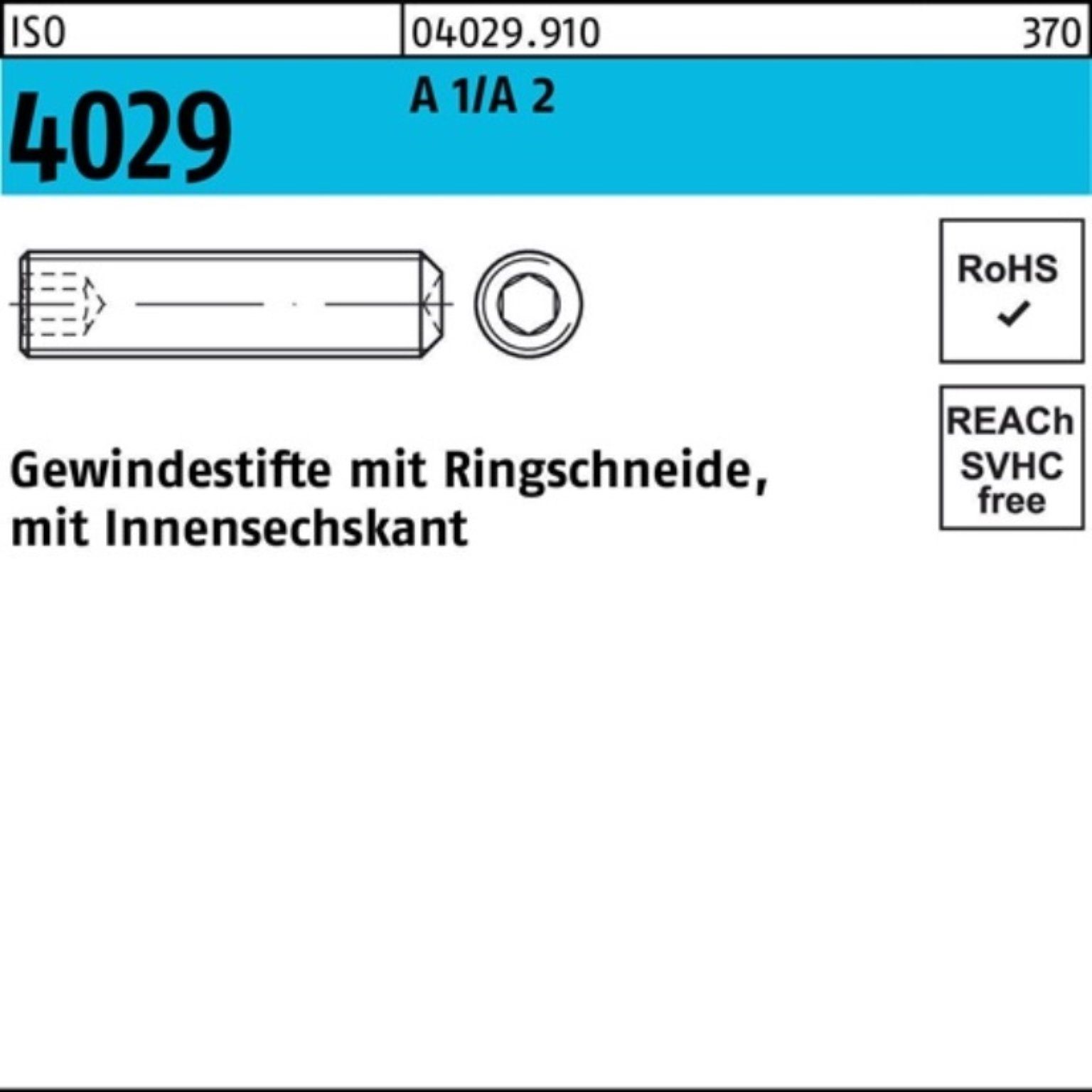 100er Pack Gewindebolzen A Reyher 4029 30 ISO Gewindestift Ringschneide/Innen-6kt M10x 2 10