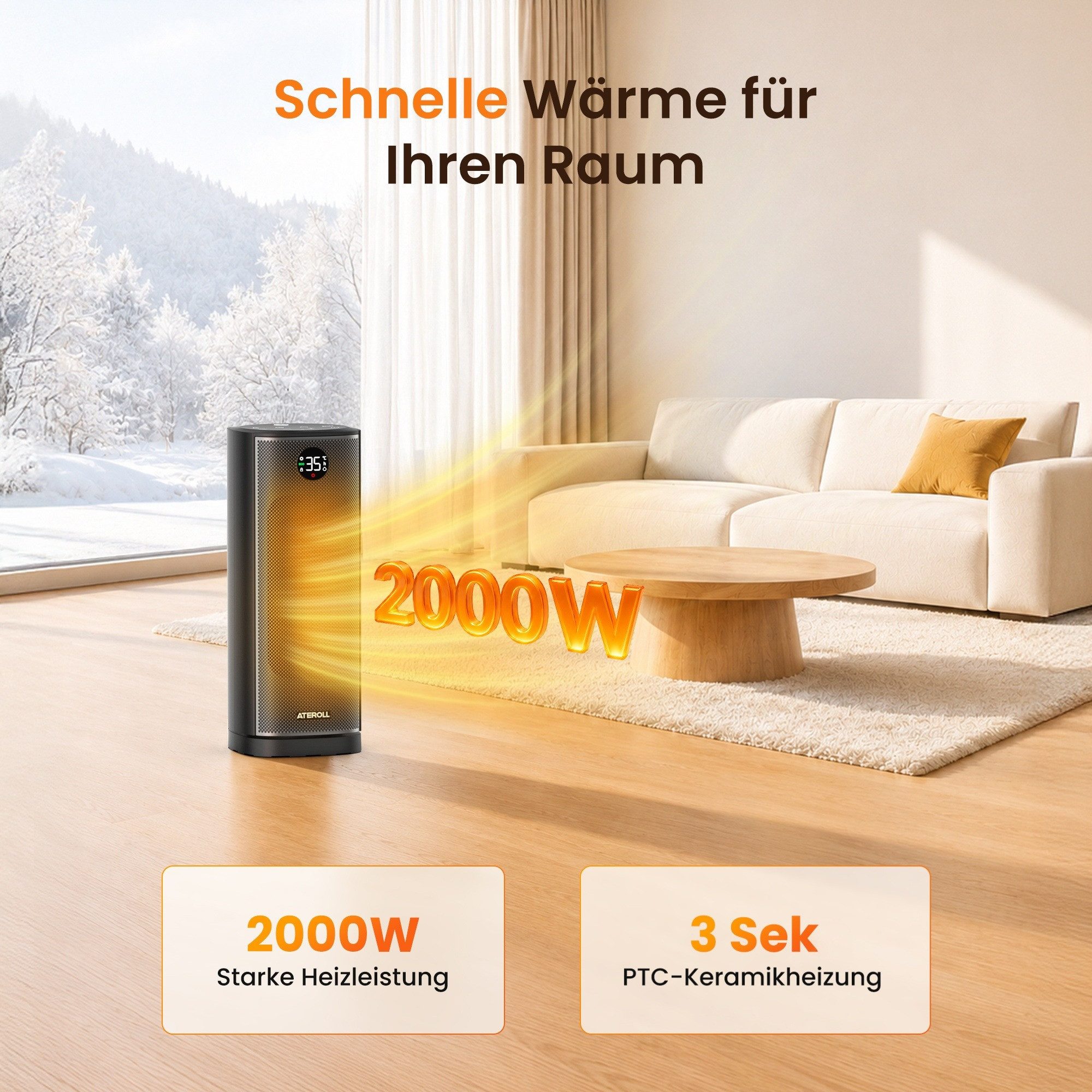 ATEROLL Heizlüfter energiesparend & leise heizgerät,Fernbedienung,Oszillation & Timer, 2000W Keramikheizlüfter mit LED-display, Überhitzungs und Kippschutz – Bild 2 von 5