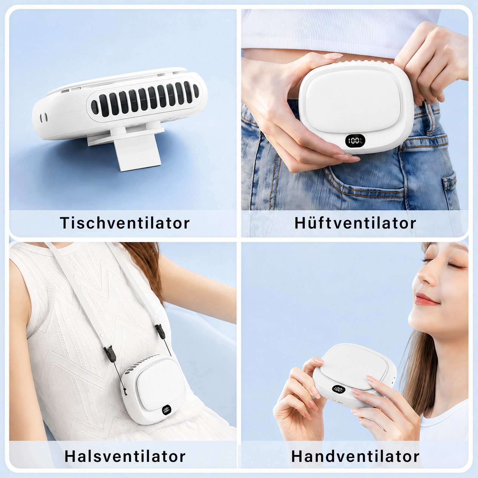 MOPUEA Turboventilator Mini Ventilator 4-in-1 Design, 5 Stufen, LED-Display,10h Halsventilato