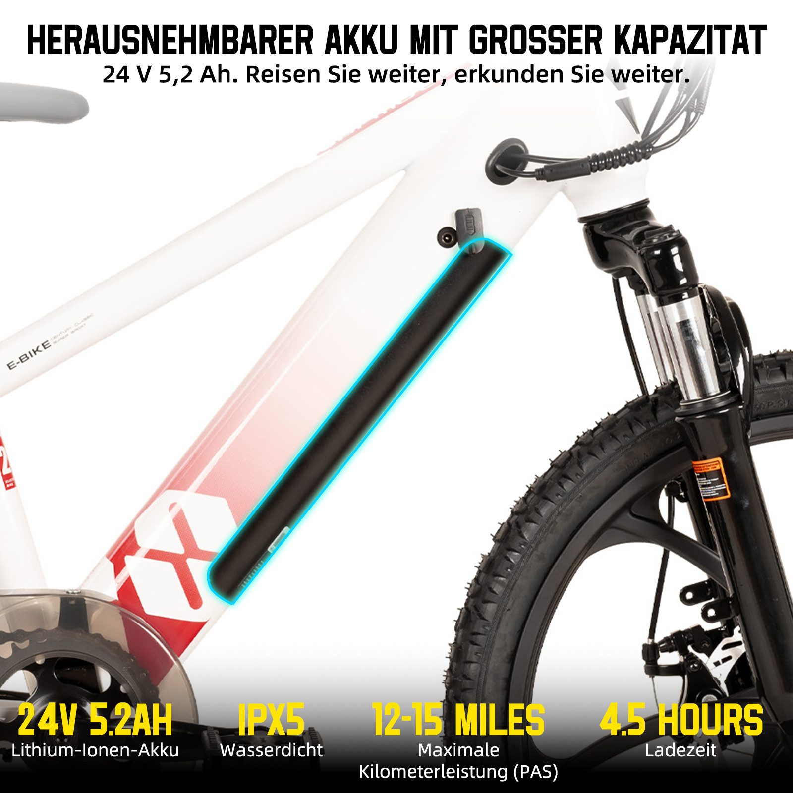 HILAND E-Bike E-Mountainbike 20 Zoll 24V 250W, Einheitsreifen & entnehmbarer Akku, Heckmotor, 124,8 Wh