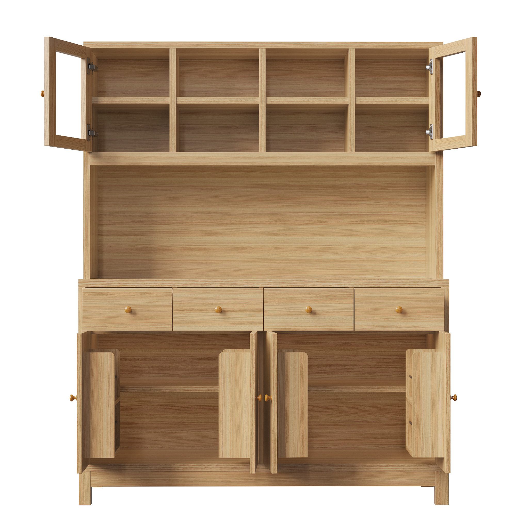 Flieks Küchenbuffet Hochschrank mit App-gesteuerter RGB-LED, Glastüren, 4 Schubladen (mit Arbeitsplatte in Holzoptik, 1-St., 140x40x180 cm) Küchenschrank Mehrzweckschrank mit verstellbare Einlegeböden Natur