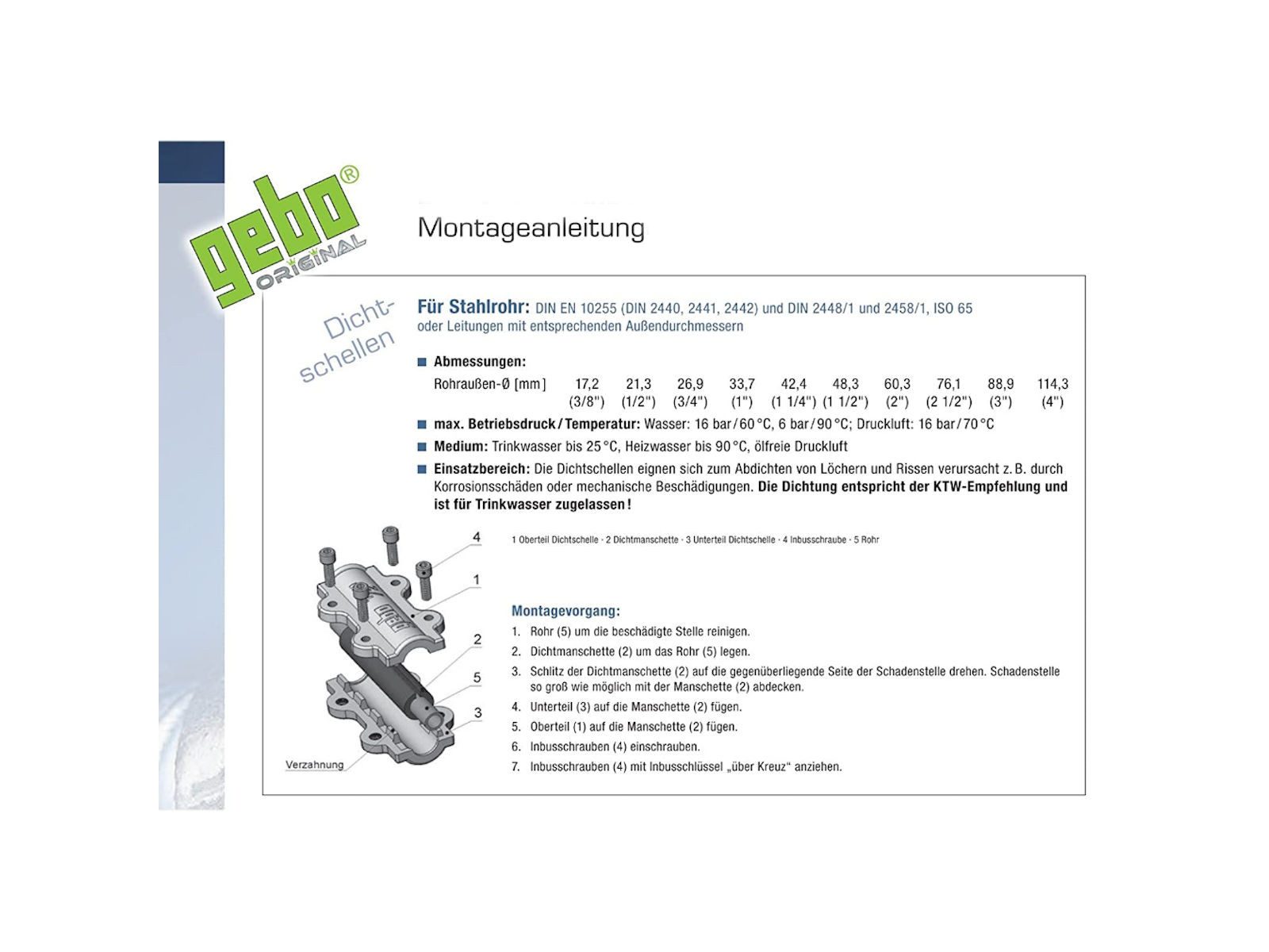 GEBO Gewindefitting Temperguss-Dichtschelle Typ DS für Stahlrohr Trinkwasser geeignet, Ø 17,2 mm (3/8 Zoll)