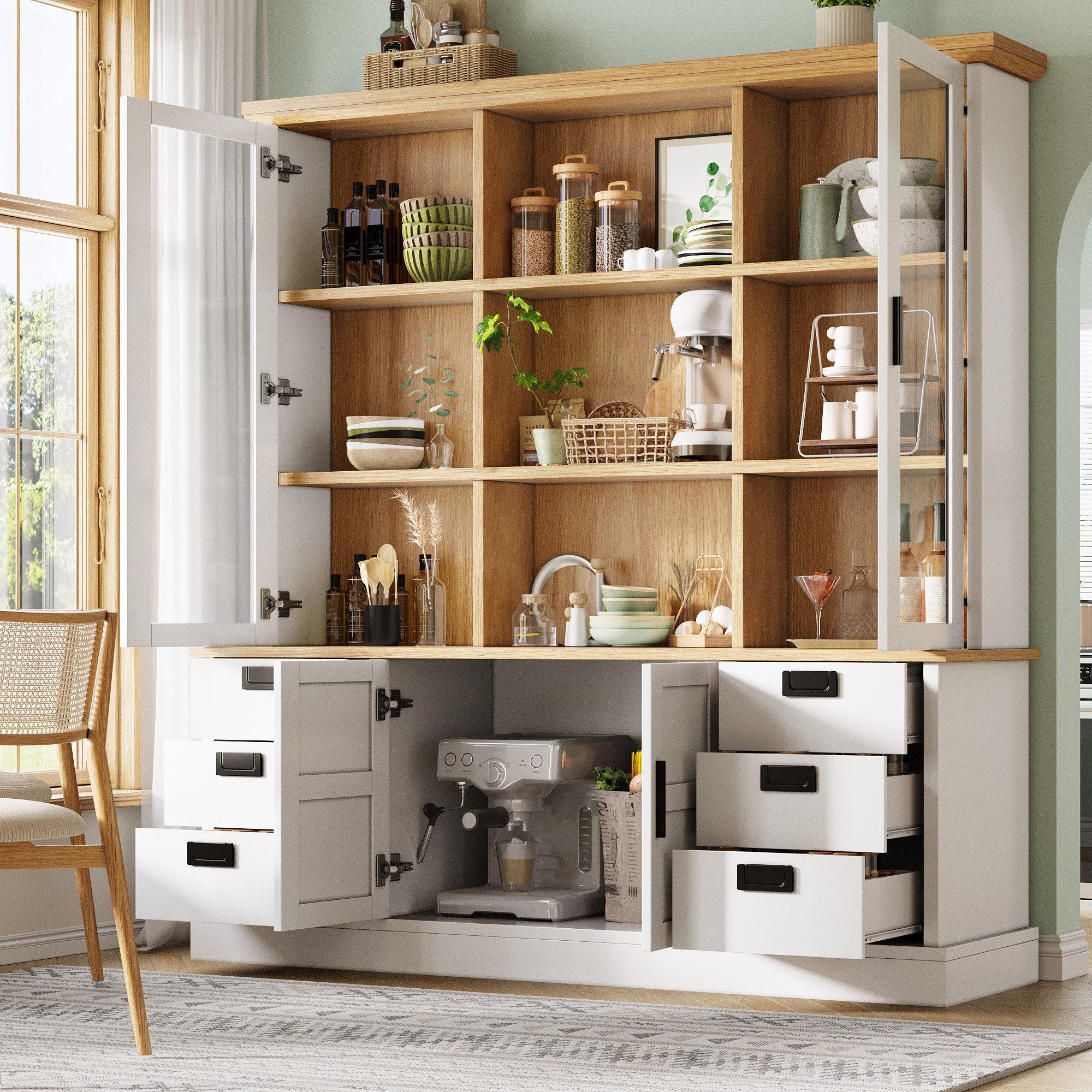 Flieks Küchenbuffet Glasvitrine Hochschrank mit 2 Glastüren und 6 Schubladen (1-St., B140/T40/H185 cm) Mehrzweckschrank Multifunktionsschrank Bücherregal Weiß & Natur