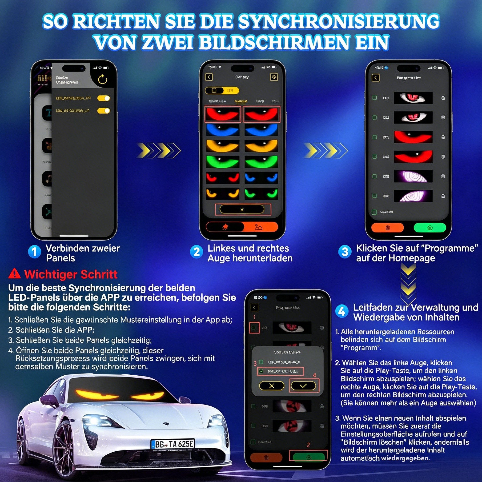 AIBISTAR LED Nachtlicht Devil Eyes Licht LED-Bildschirm Auto-Augenlicht,Set 2 Stk, LED fest integriert, Mehrfarbig (RGB) / Mehrfarbig einstellbar, 92x374mm,Bluetooth App Steuerung (iOS/Android),editierbarer Lauftext