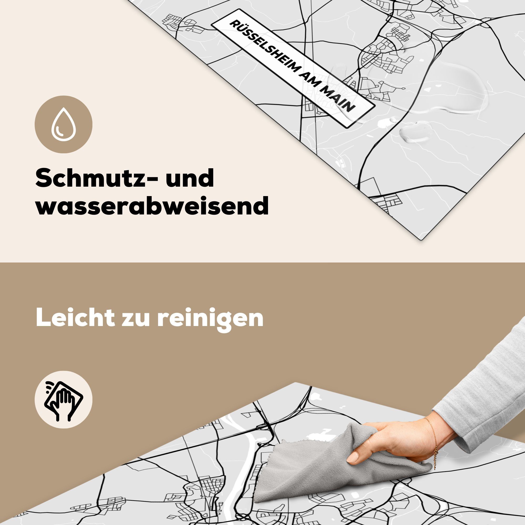 für MuchoWow - - Vinyl, cm, Karte, tlg), (1 Karte Rüsselsheim Am Stadtplan küche Main Arbeitsplatte 78x78 - - Deutschland Herdblende-/Abdeckplatte Ceranfeldabdeckung,