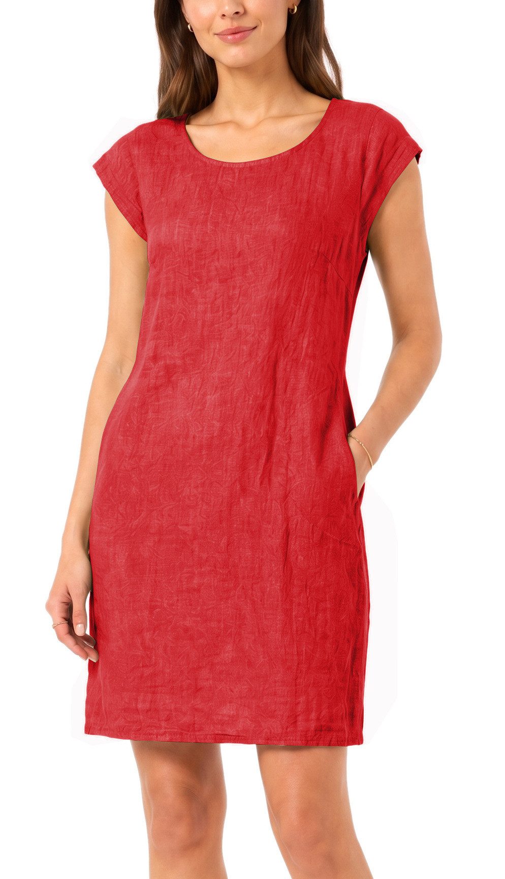 dy_mode Midikleid Einfarbiges Damen Leinenkleid Sommerkleid Kurzarm Midi Kleid in Unifarbe, mit Eingriffstaschen, leicht taillierte Passform