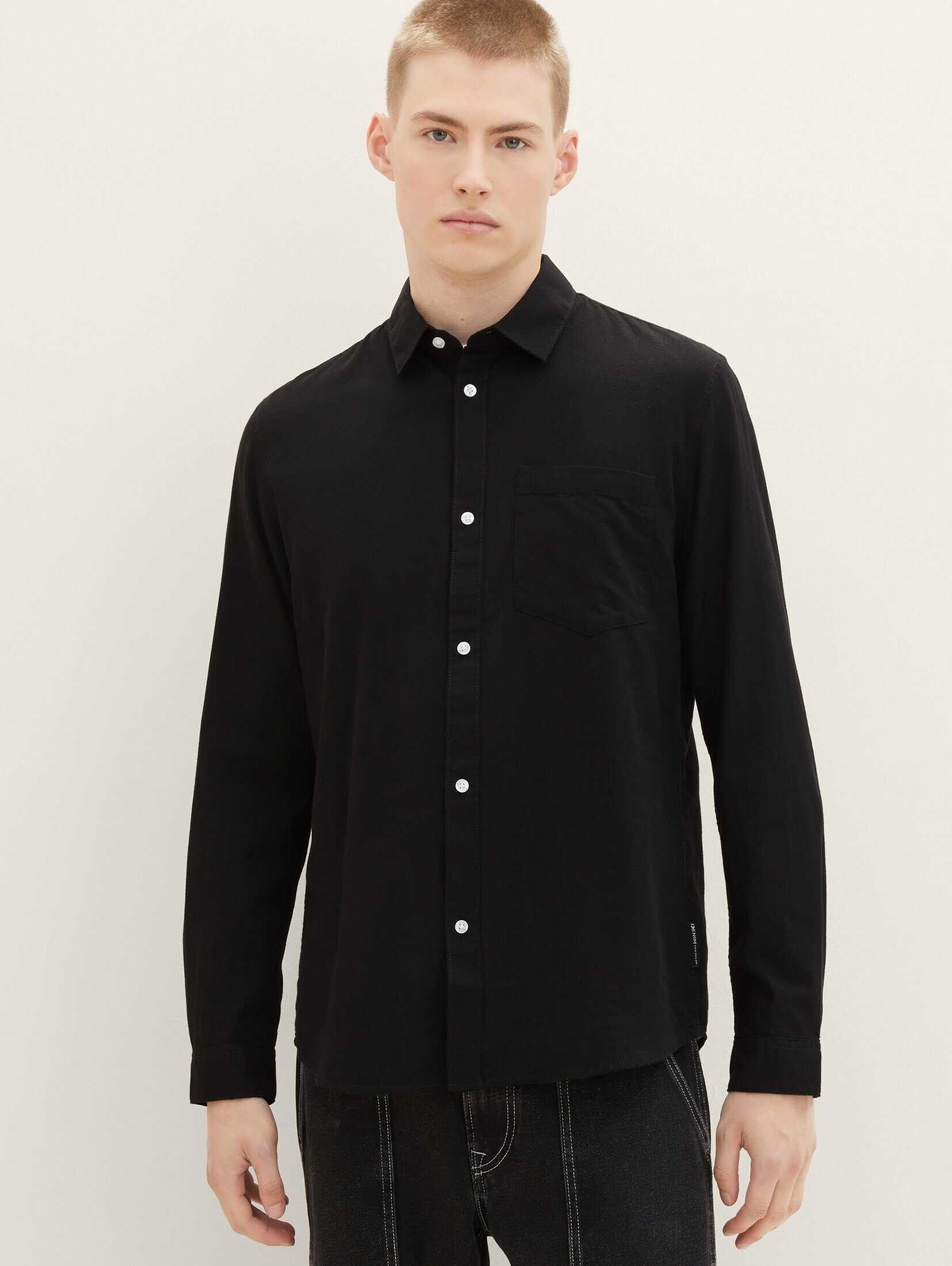 Black Denim Oxford Hemd Langarmhemd mit TOM TAILOR Brusttasche