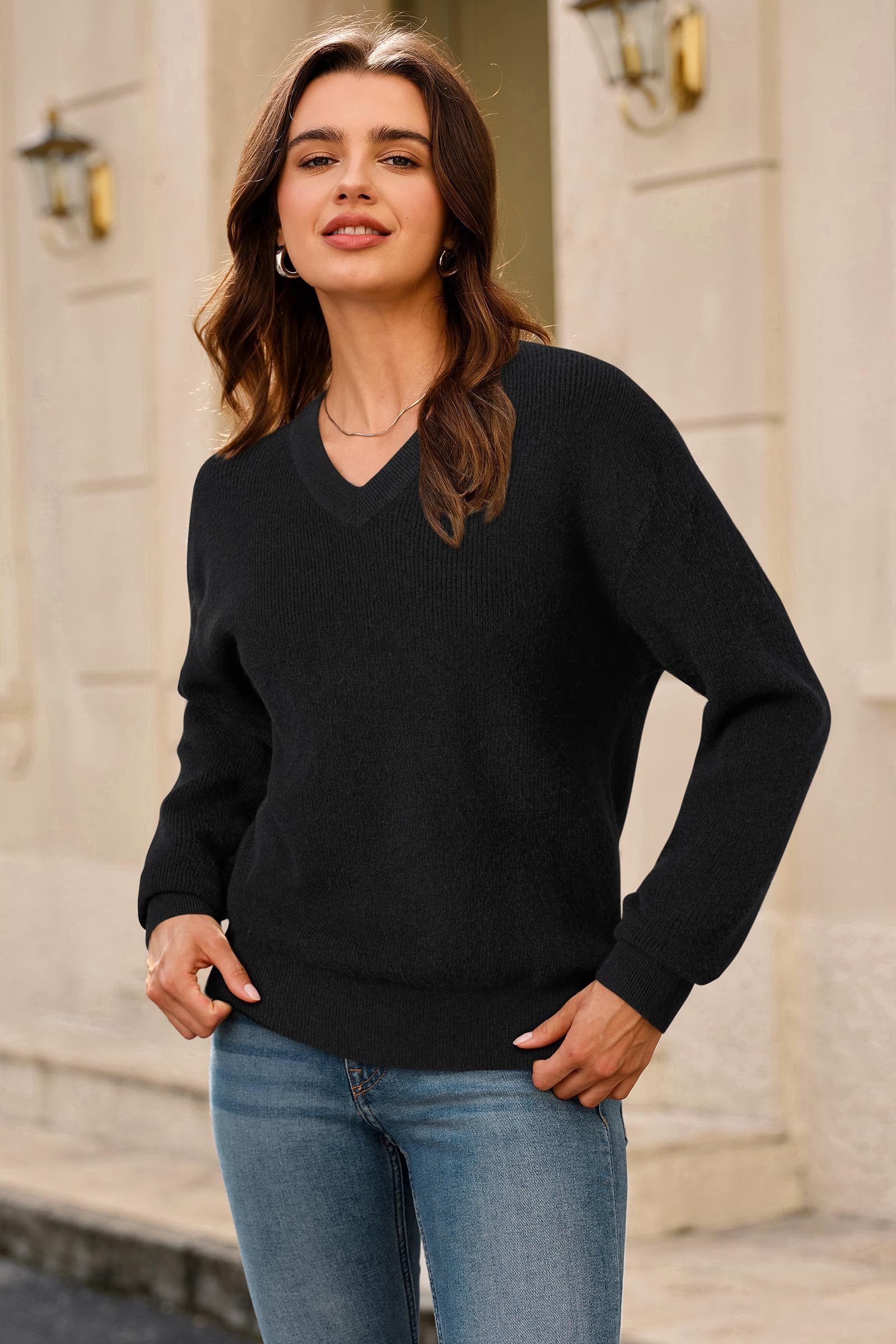 Arach&Cloz V-Ausschnitt-Pullover Damen-Pullover aus Wollmischung, Langärmliger Strickpullover Basic Sweater Leicht Locker Strickpulli Herbst Winter Warm