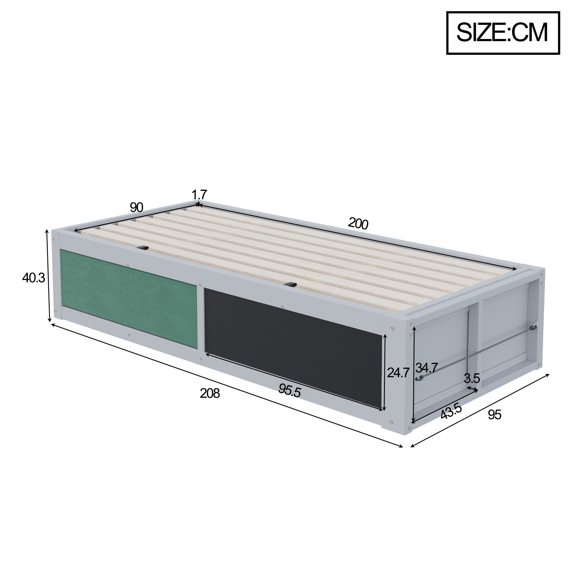 Merax Kinderbett 90×200cm mit hydraulischem Stauraum (1-tlg), Einzelbett mit Kreativtafel und Bücherregal, Jugendbett in Weiß/Grau – Bild 5 von 5