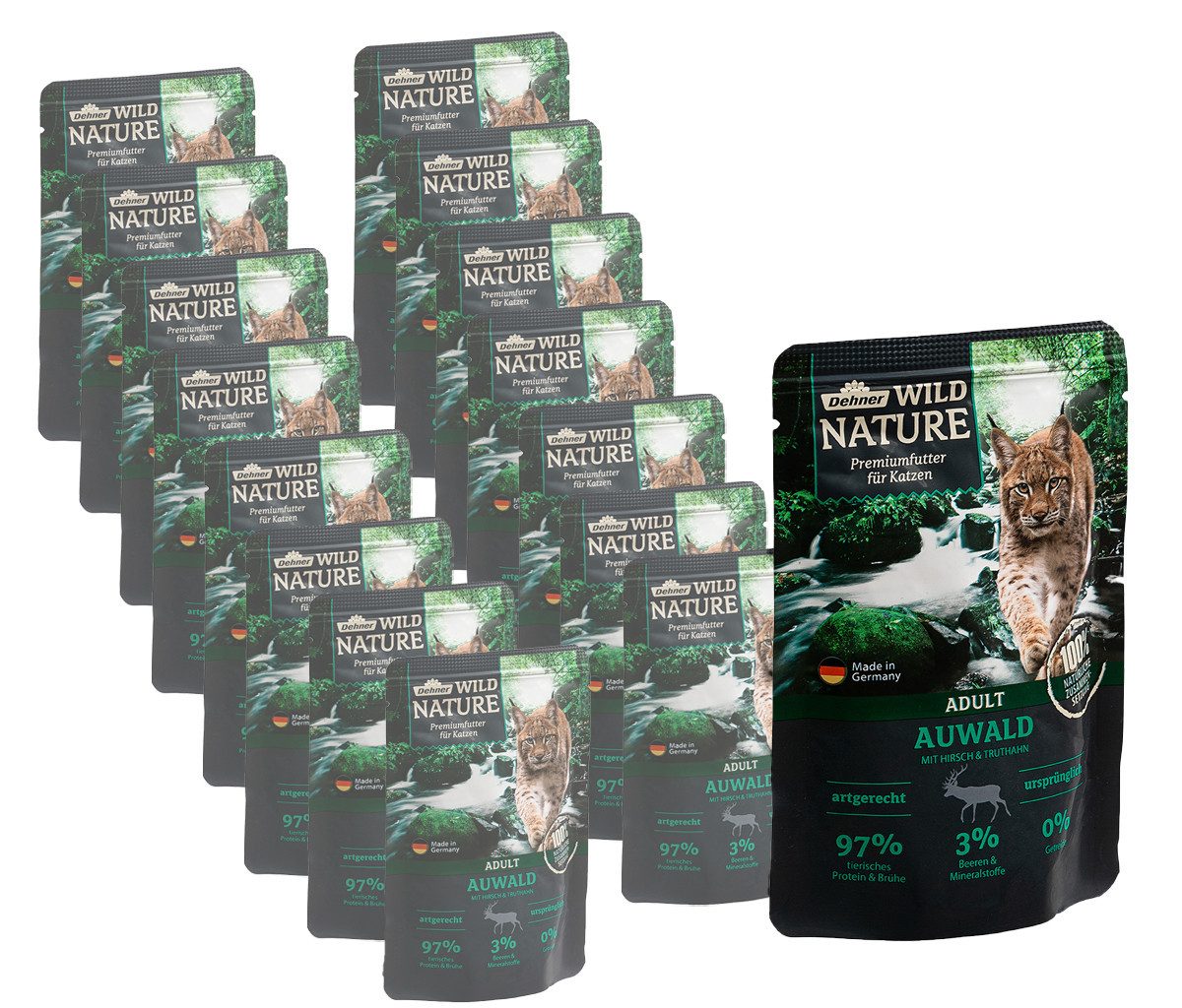 Dehner Wild Nature Auwald Adult Hirsch / Truthahn, 16 x 85 g Beutel Hirsch, Nassfutter für: Katze, Nassfutter für ausgewachsene Katzen, getreidefrei / zuckerfrei von Dehner
