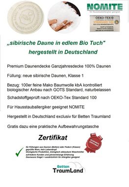 Daunenbettdecke, Premium Daunendecke Ganzjahresdecke Daunen kbA, Betten Traumland, Füllung: sibirische Daunen Klasse1, Klasse 1, Brahmscher Tuch