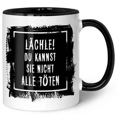 GRAVURZEILE Tasse mit Spruch - "Lächle! Du kannst sie nicht alle töten", Keramik, Farbe: Schwarz & Weiß