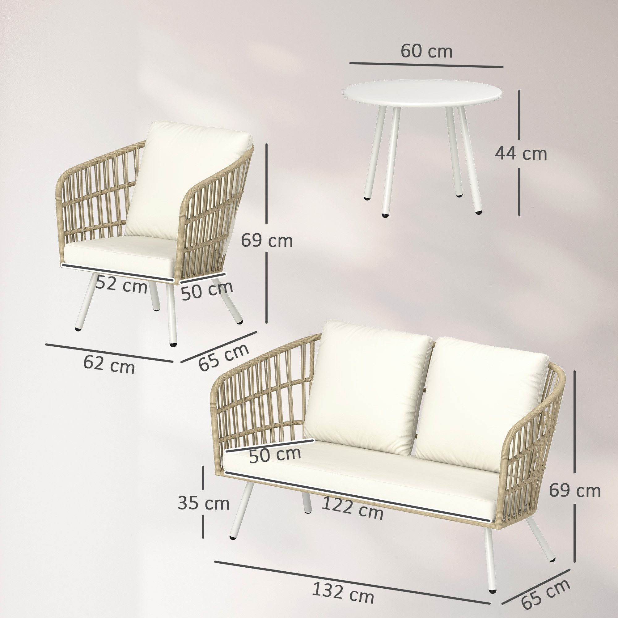 Outsunny Sitzgruppe mit 2er Sofa, Sessel, Tisch, Kissen, für 4 Personen, (wetterfest Lounge-Set, 4-tlg., Gartenmöbel Set aus Polyrattan), für Garten, Balkon, Terrasse, Khaki