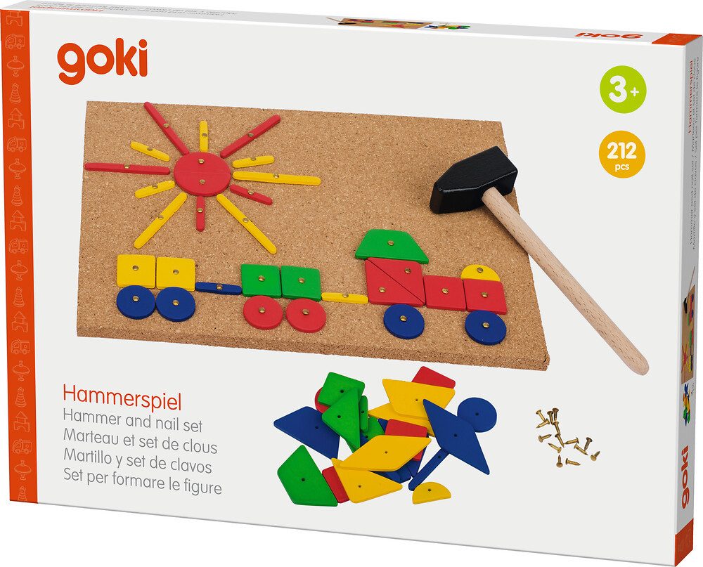 goki Spiel Hammerspiel XXL - A4 Korkplatte, 100 Holzplättchen, 110 Nägel
