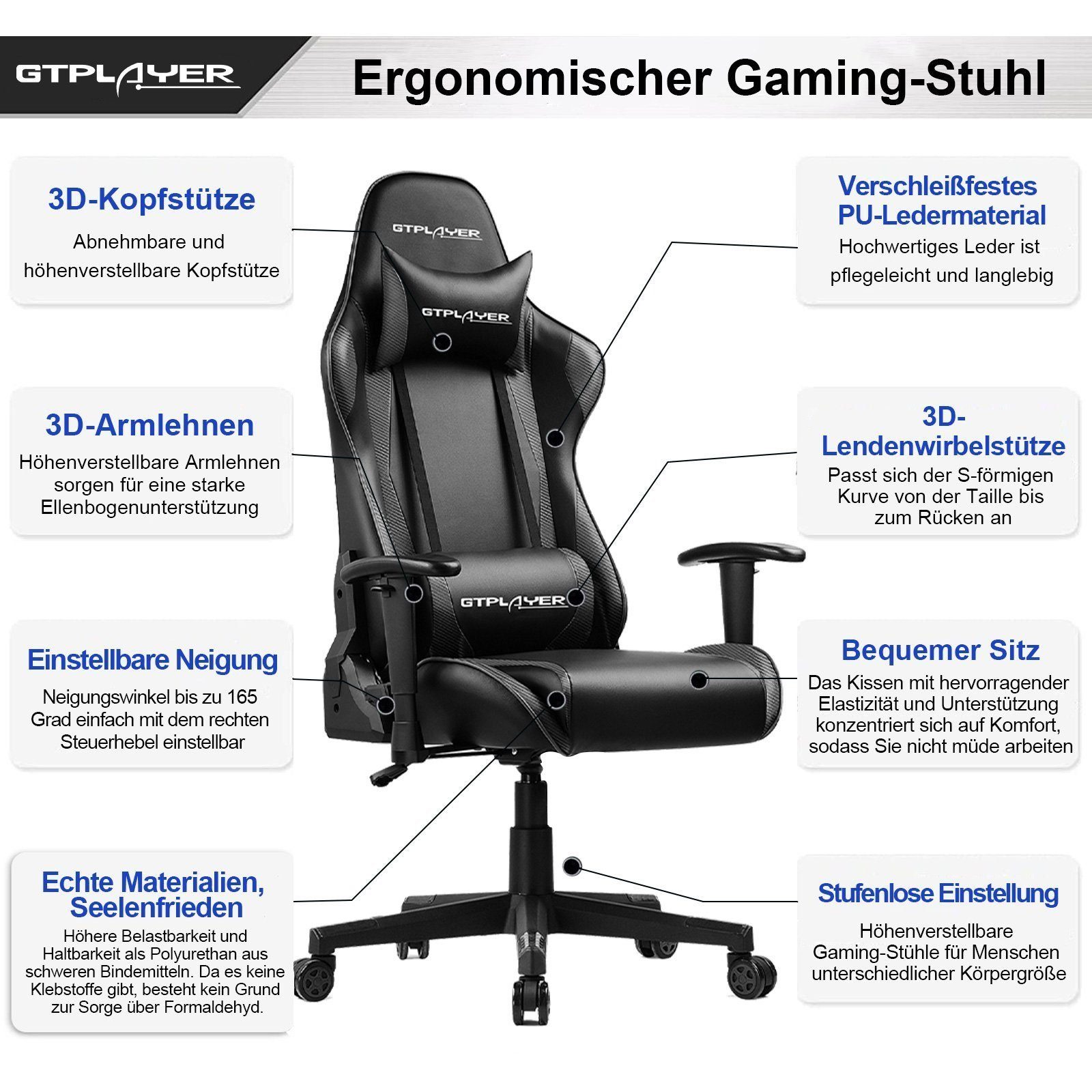GTPLAYER inkl. Lenden- Gaming-Stuhl reclining supports Bürostuhl The Nackenkissen, und the function waist Design schwarz Ergonomische
