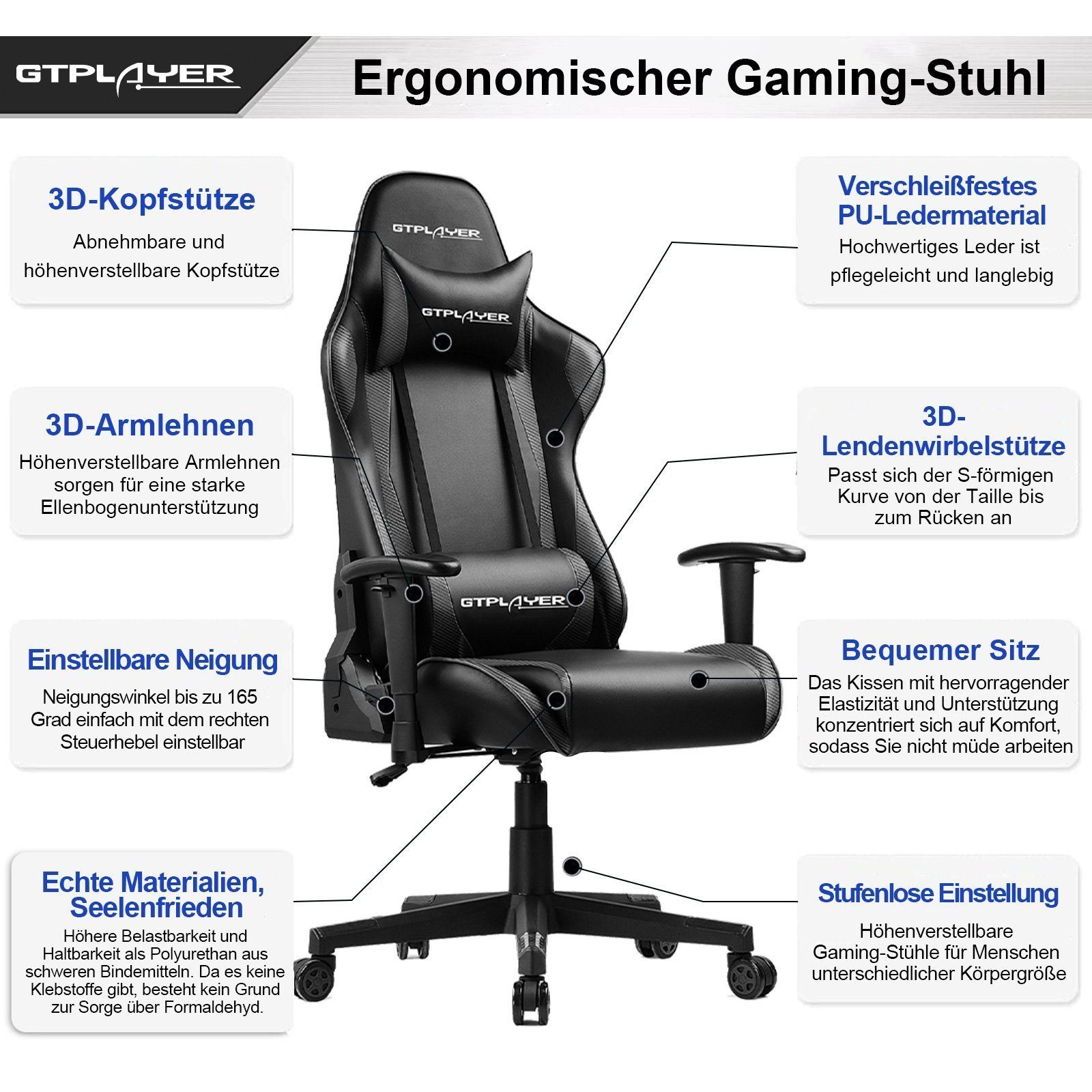 Bürostuhl inkl. Design waist Ergonomische supports GTPLAYER und Nackenkissen, Lenden- The the Gaming-Stuhl function reclining schwarz