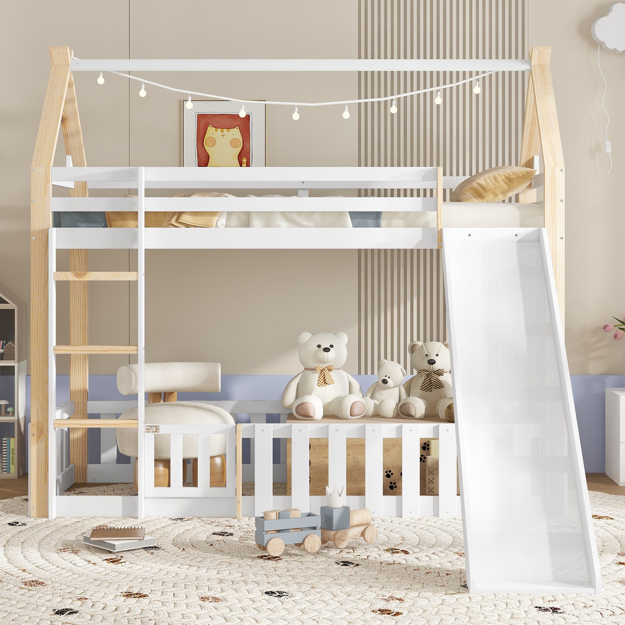 Flieks Etagenbett, Kinderbett Hausbett 90x200cm mit Rutsche, Leiter und Rau günstig online kaufen