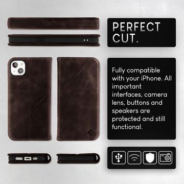 Nalia Flip Case Apple iPhone 15 Plus, Echt Leder Etui / Standfunktion Kickstand / RFID Schutz Handyhülle