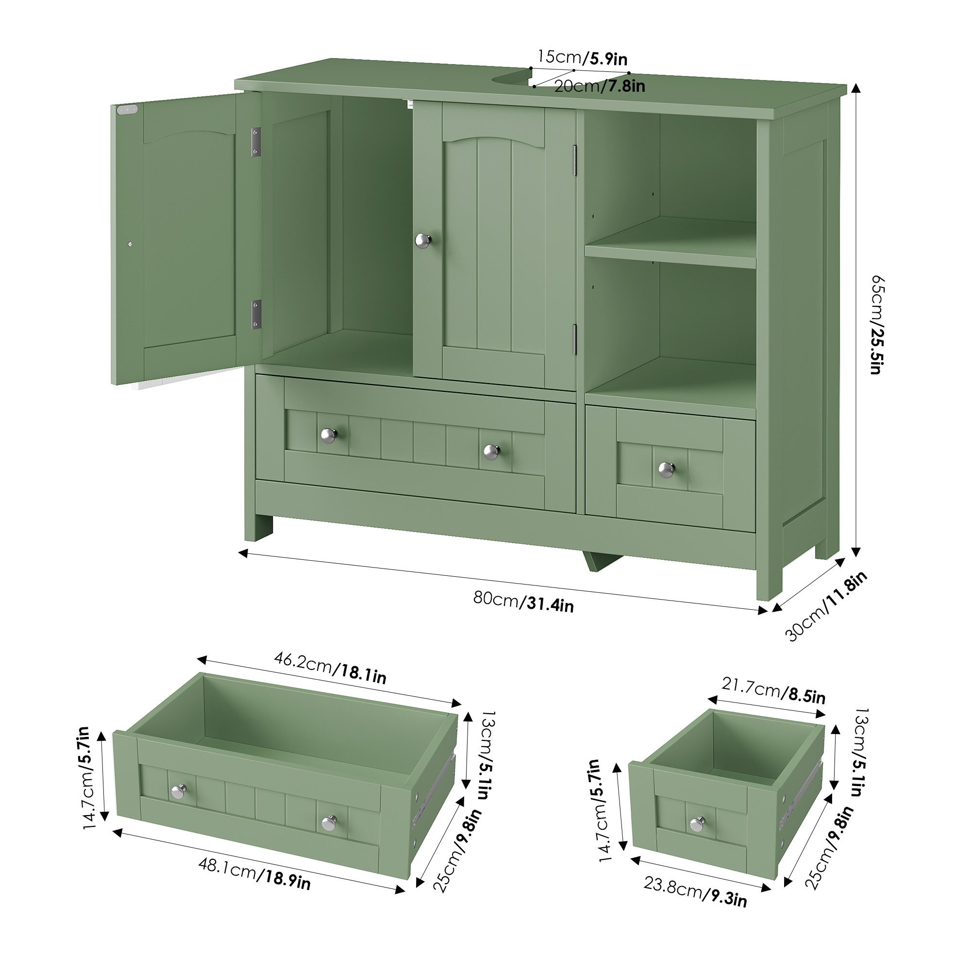 Homfa Waschbeckenunterschrank Unterschrank Badezimmerschrank mit 2 Schubladen und 2 Türen, Breite 80 cm, freistehend
