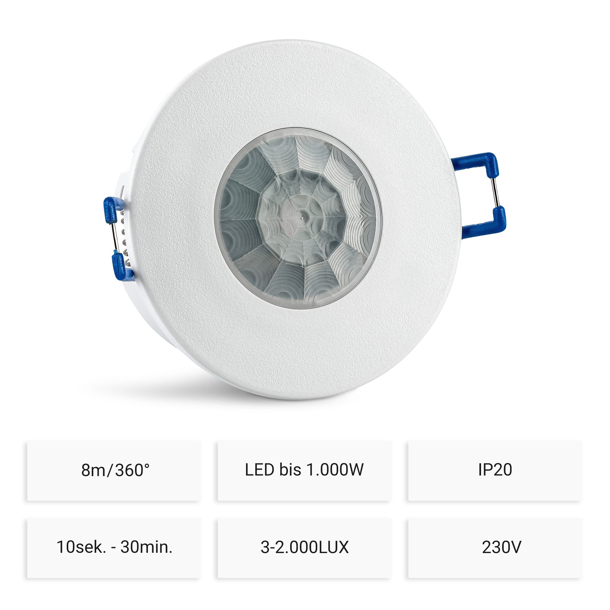 SEBSON Bewegungsmelder Infrarot Sensor Unterputz Decke - programmierbar Reichweite 8m 360°, (1-St), Einbauloch: Ø63-66mm, LED geeignet 1.000W, 230V, 3 Draht