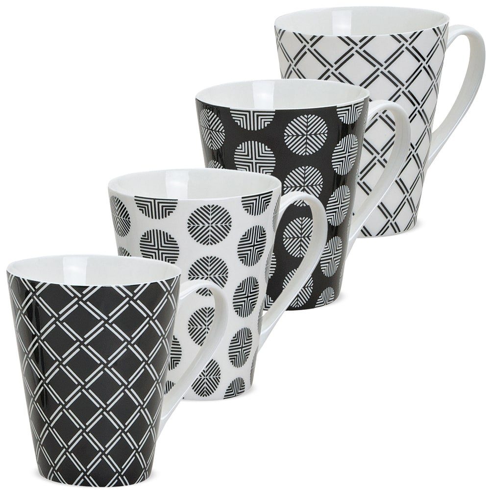 matches21 HOME & HOBBY Tasse Кофейные чашки 4er Set Retro Muster geflochten gestreift, Keramik, Tee Kaffee-Becher, modern, schwarz weiss, 250 ml