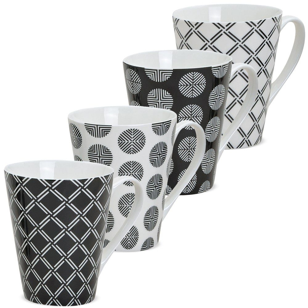 matches21 HOME & HOBBY Tasse Kaffeetassen 4er Set Retro Muster geflochten gestreift, Keramik, Tee Kaffee-Becher, modern, schwarz weiss, 250 ml