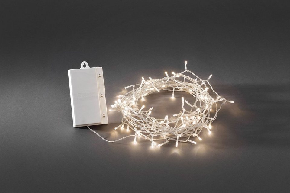 KONSTSMIDE LED-Lichterkette Weihnachtsdeko aussen, 128-flammig, mit 8  Funktionen und Memoryfunktion, 128 warm weiße Dioden, Batteriebetriebener  Artkel für den Außenbereich