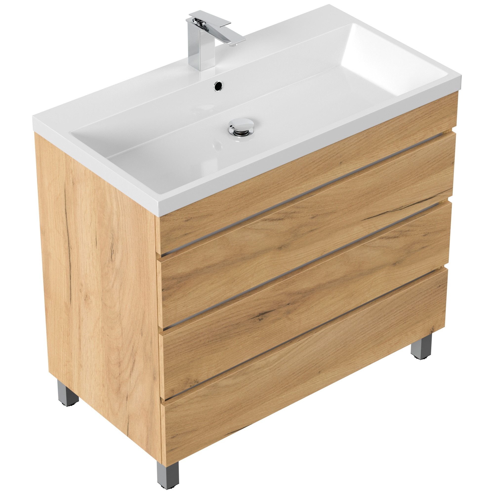 Magnolia Home Hängeschrank Stand Badmöbel Via 90 SoftClose eiche gold mit drei grifflosen Schubla