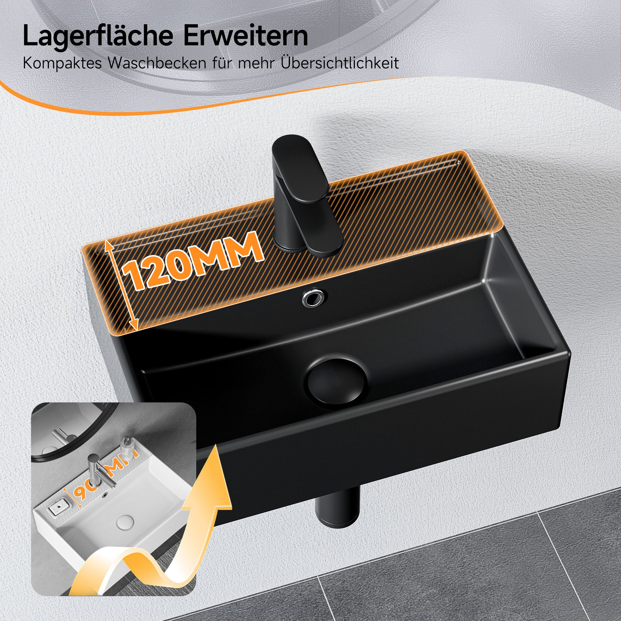 HOROW Waschbecken Aufsatzwaschbecken Keramik Weiß, Wandwaschbecken für Gäste-WC (Waschtisch, mit Hahnloch und Überlauf), einfache Reinigung, Einfache Installati – Bild 3 von 5