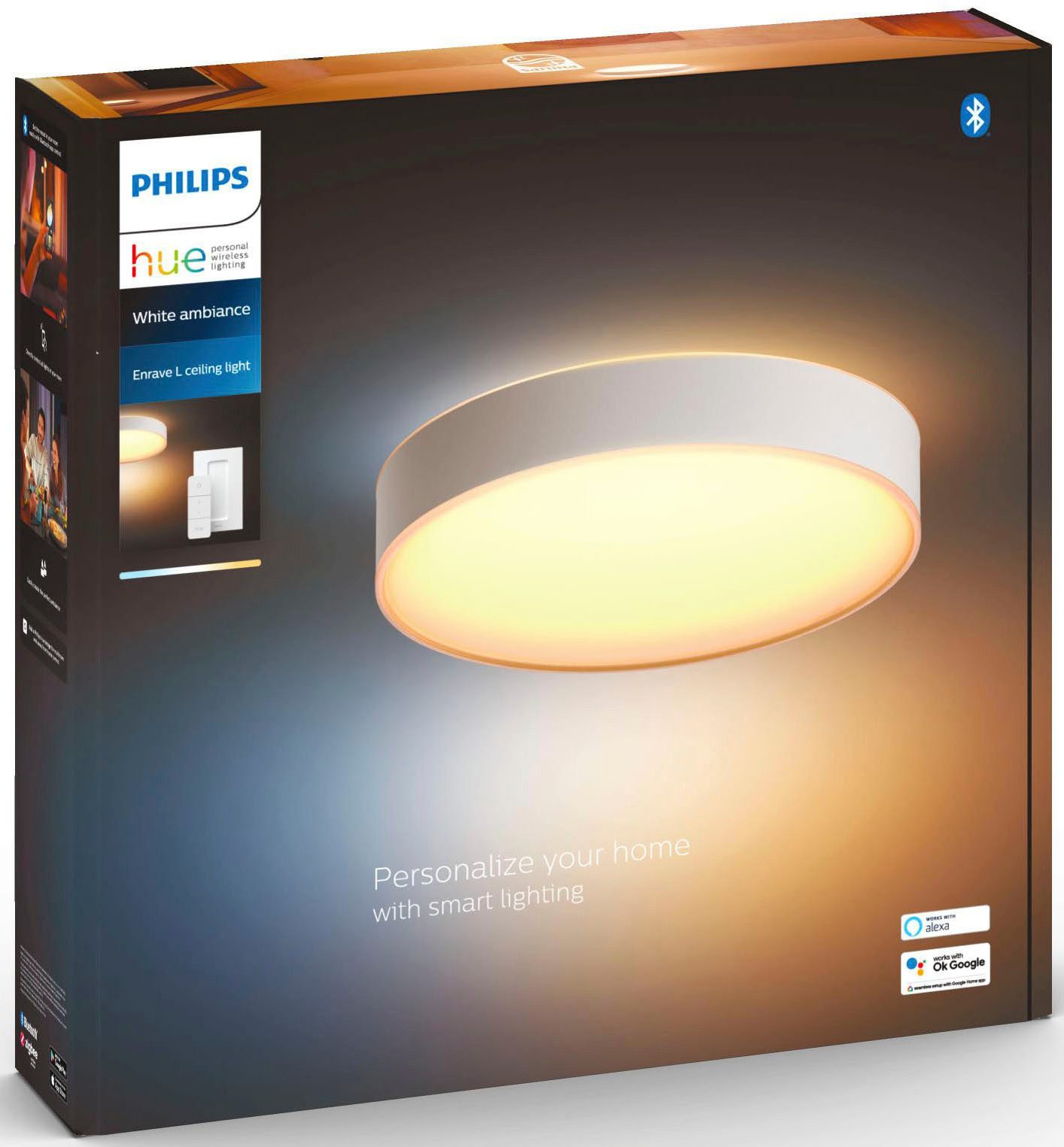 Philips Hue LED Deckenleuchte White Ambiance Enrave Deckenleuchte L, Abschaltautomatik, Bluetooth, CCT - über Fernbedienung, Dimmer, Dimmfunktion, Farbsteuerung, Fernbedienung, Infrarot inkl., Leuchtdauer einstellbar, Memoryfunktion, Nachtlichtfunktion, Smart Home, Timerfunktion, dimmbar über Fernbedienung, erweiterbar, mehrere Helligkeitsstufen, LED fest integriert, warmweiß - kaltweiß, inkl. Philips Hue Dimmschalter