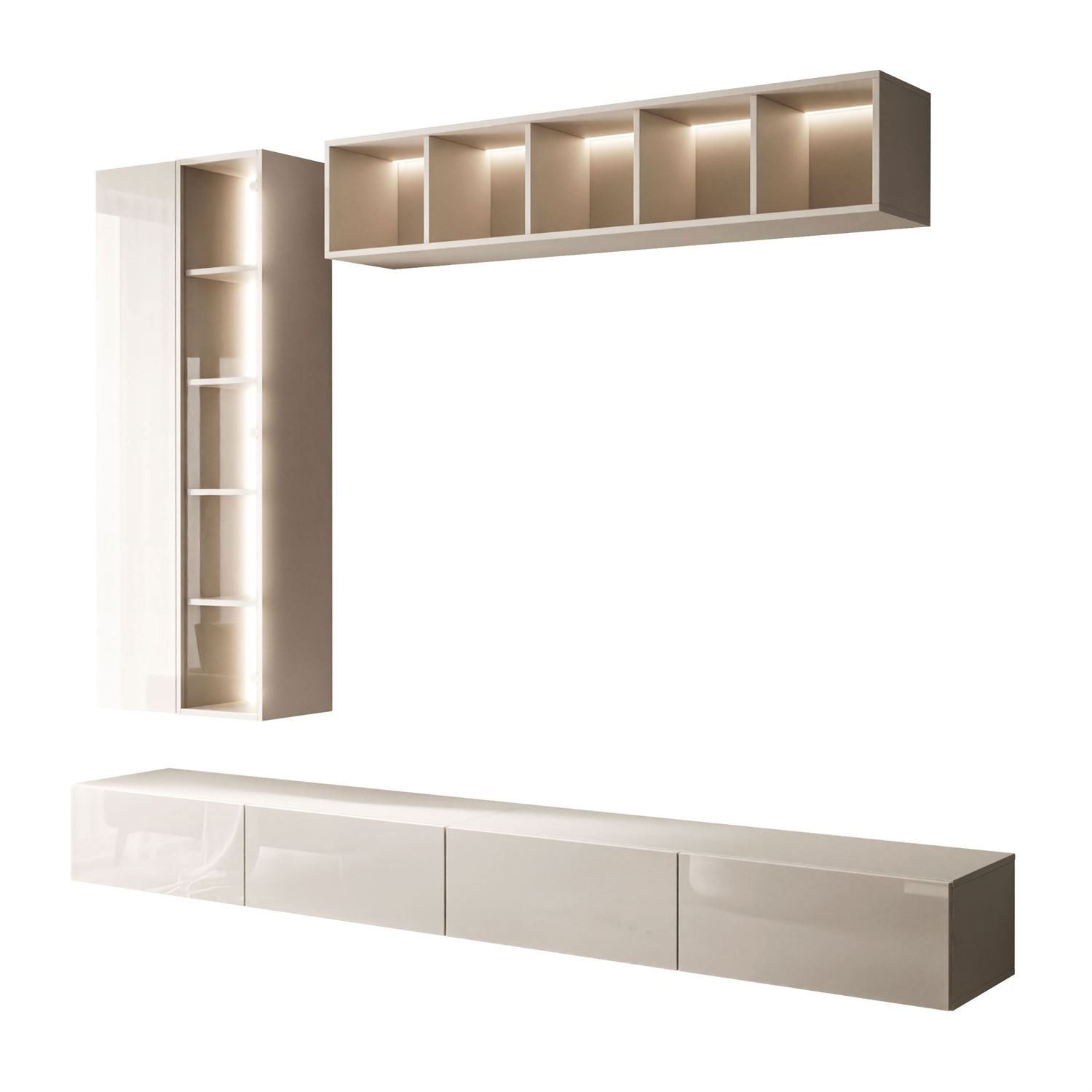 ALLHOUSE24 Wohnwand NOVELIA II Hängende Schrankwand mit LED-Beleuchtung Kaschmir, Fronten in Hochglanz, Breite 250 cm