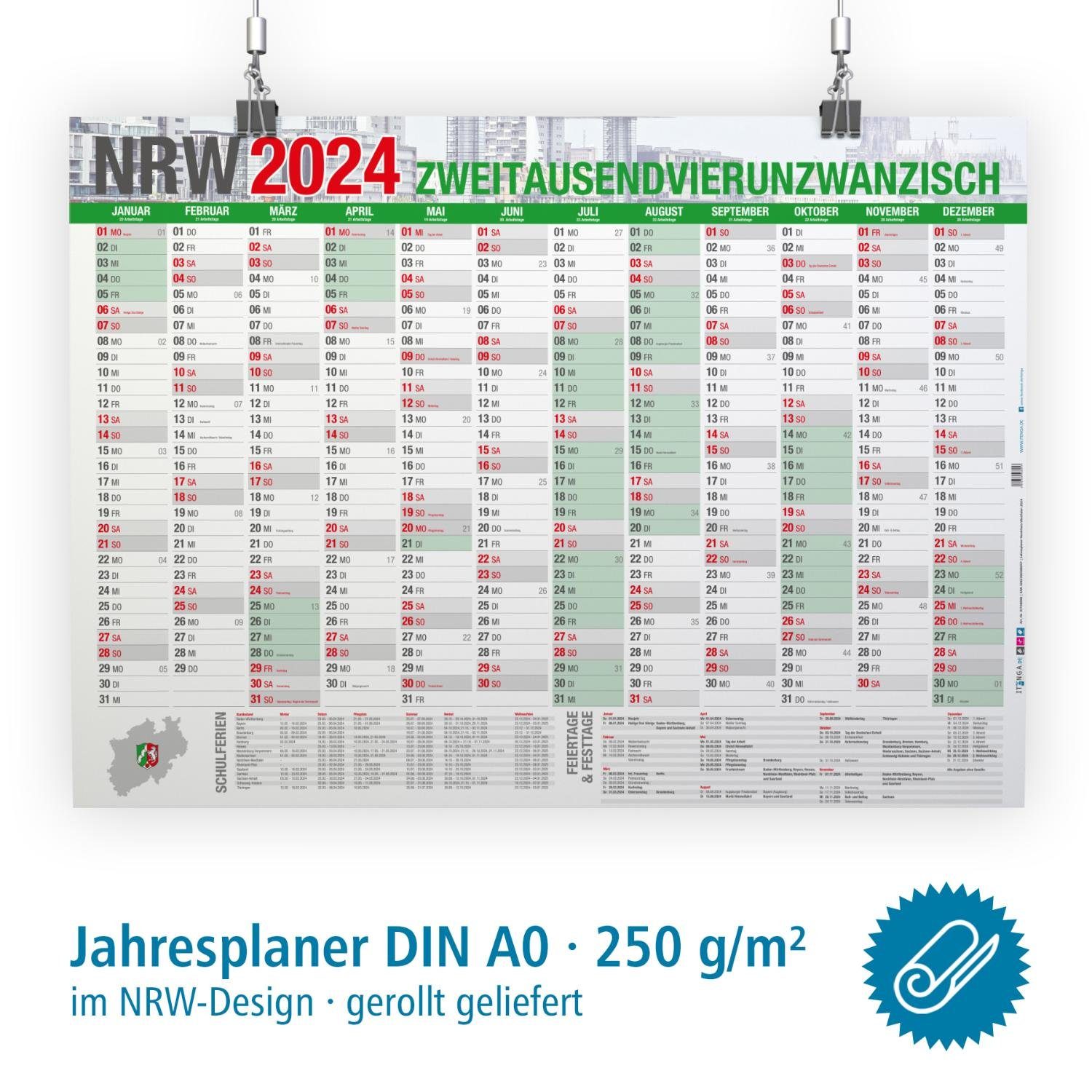 itenga Jahresplaner NRW g/qm (118,9 2024 250 Zeckenpinzette DIN x 84,1 cm), Wandkalender A0