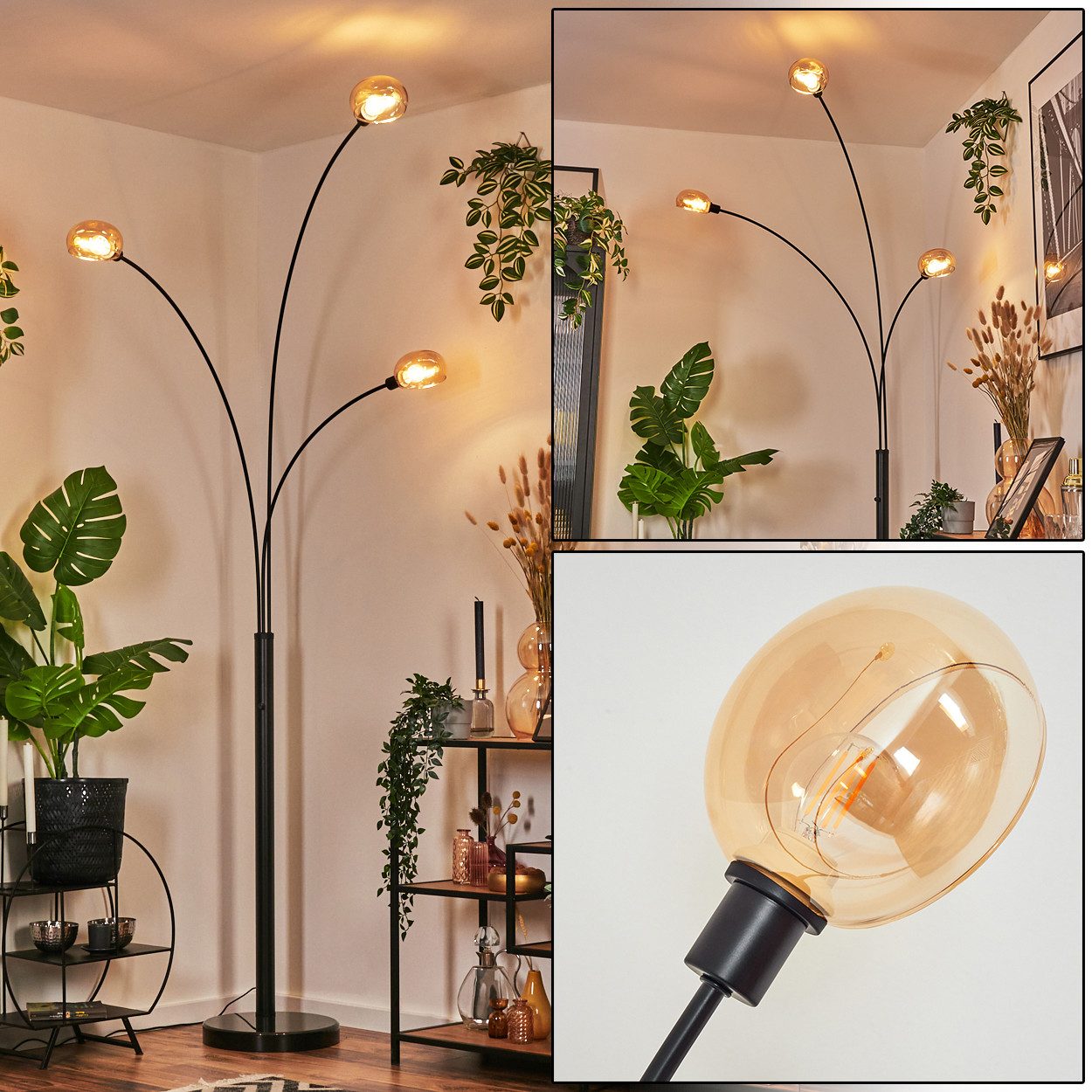 Stehlampe Stehlampe aus Metall in Schwarz/Bernsteinfarben
